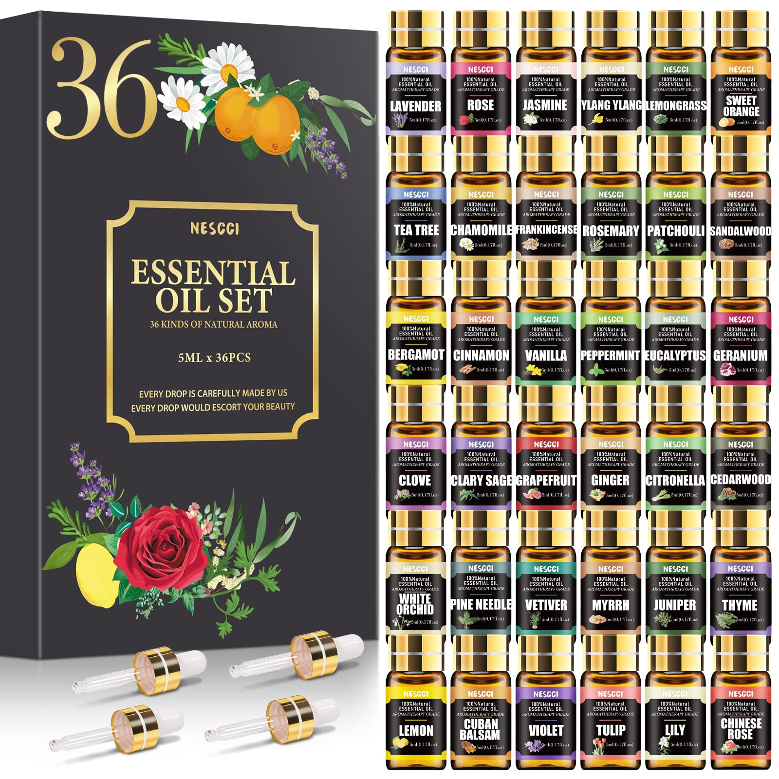 NESCCI Essential Oil Set - 36 x 5ml Essential Oils Gift Set for Diffusers, Candles and DIY