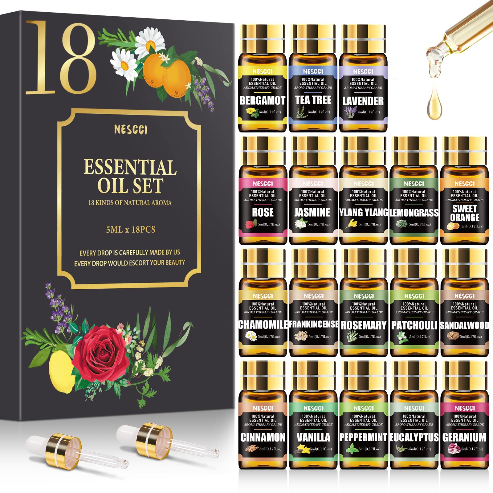 NESCCI Essential Oil Gift Set – 18x5ml for Diffusers, Candles & Holidays