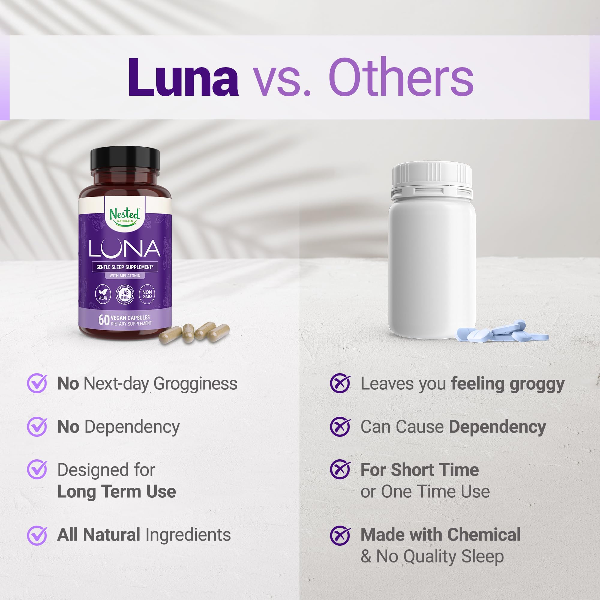 Nested Naturals Luna Sleep Aid - Non-Habit Forming Sleep Support with Valerian, Melatonin, Chamomile & More - 60 Vegan Capsules