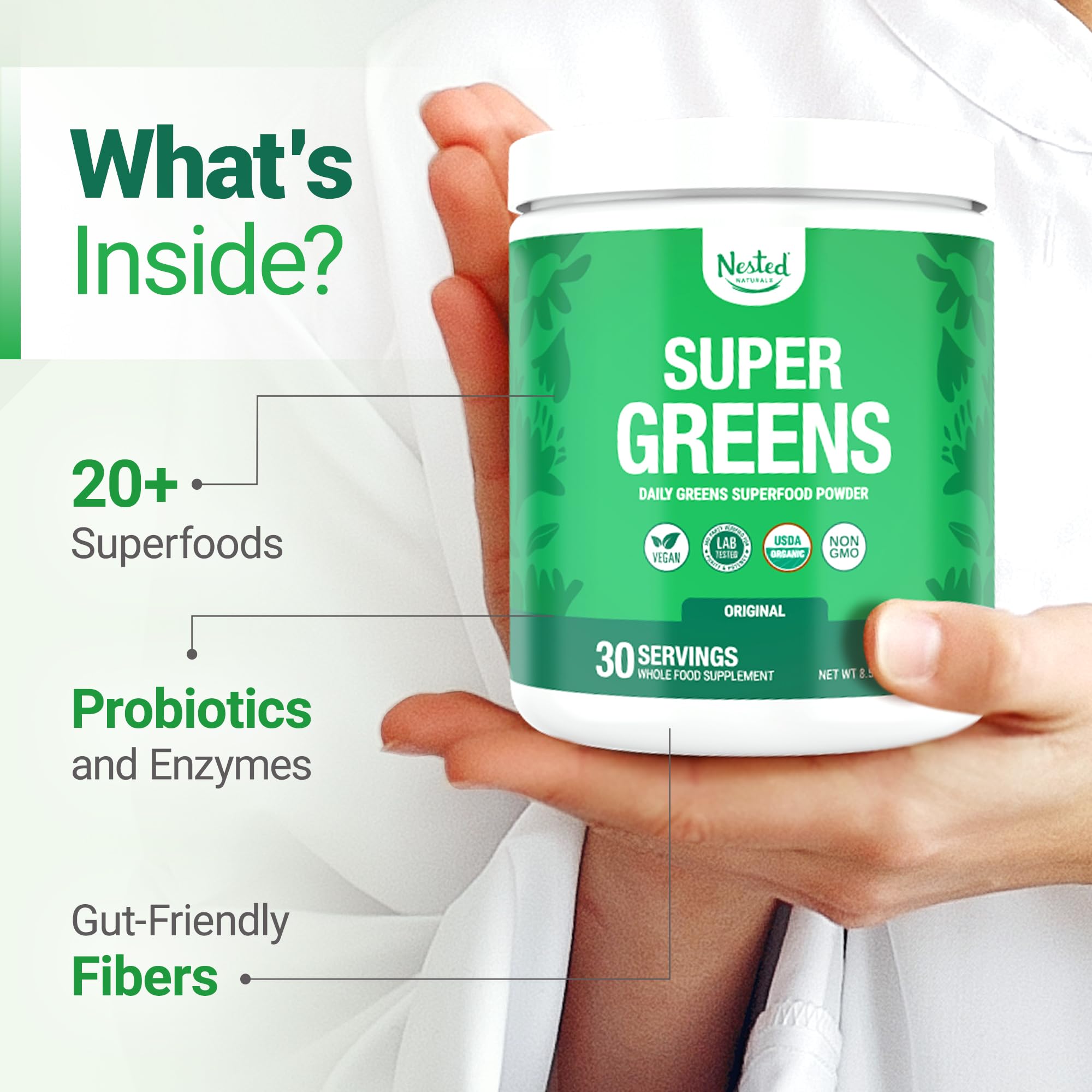 Nested Naturals Super Greens Daily Powder – USDA Organic Greens, Probiotics & Fiber, 30 Servings