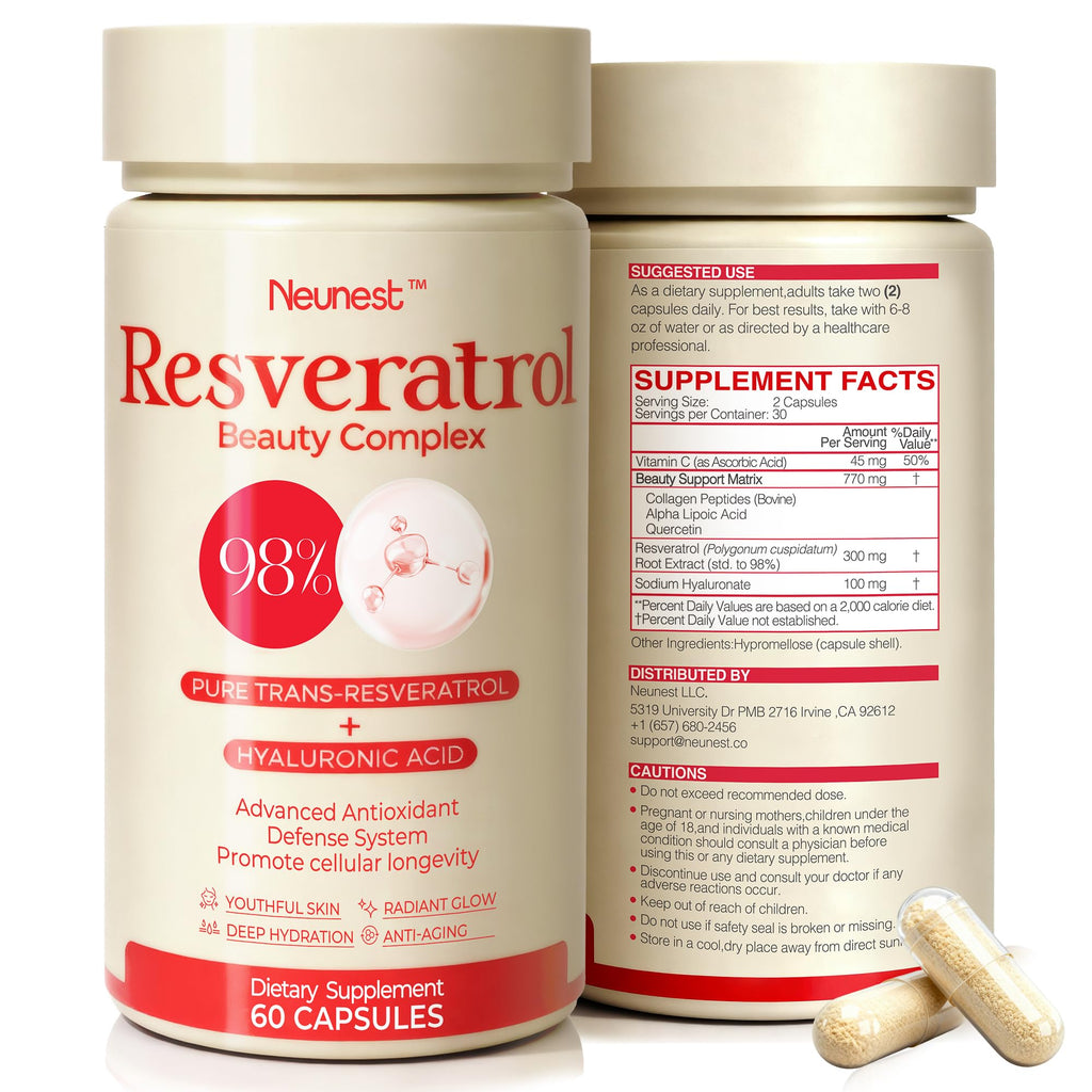 NEUNEST 98% Trans-Resveratrol Supplement for Skin Glow – Collagen, Hyaluronic Acid, Quercetin | 60 Capsules