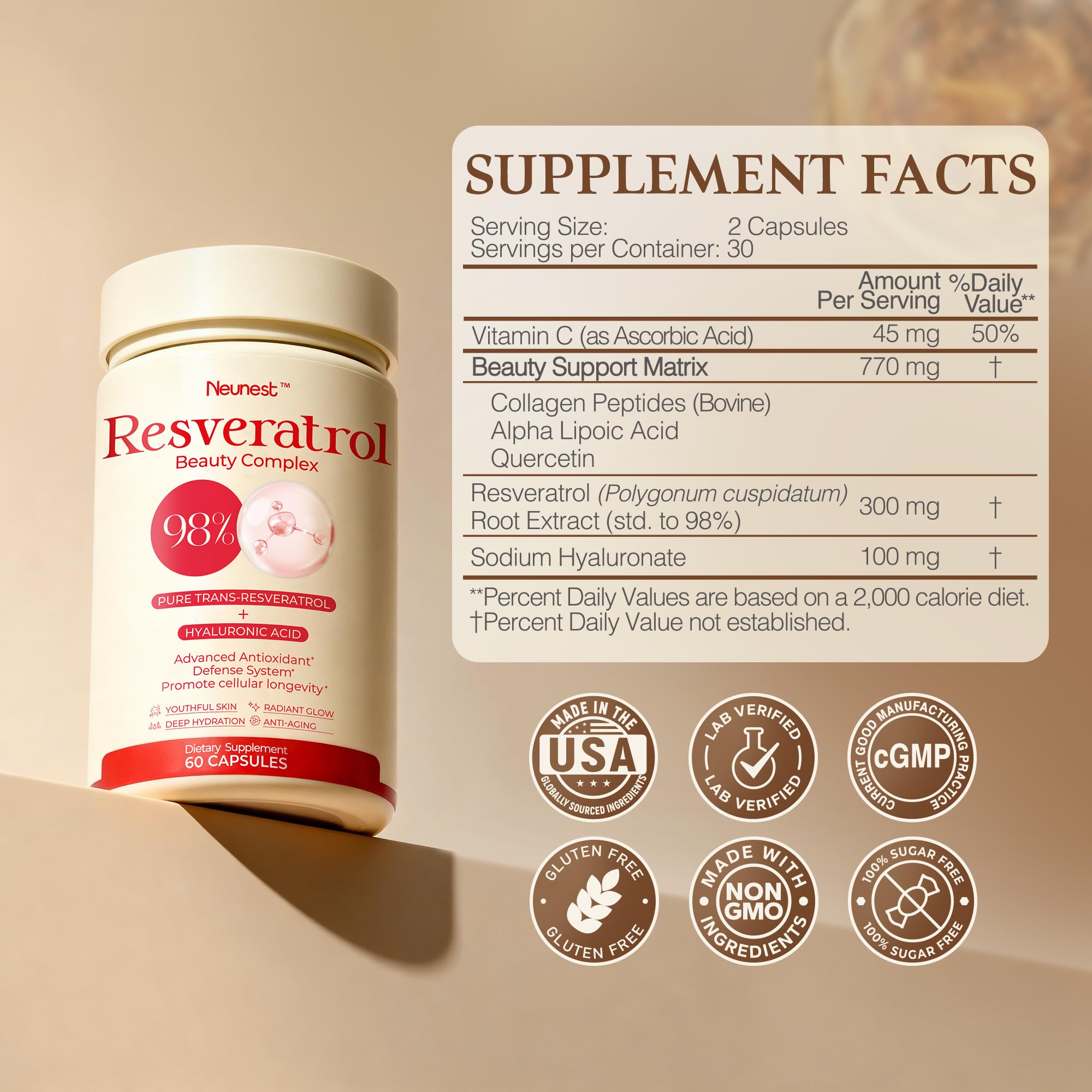 NEUNEST 98% Trans-Resveratrol Supplement for Skin Glow – Collagen, Hyaluronic Acid, Quercetin | 60 Capsules