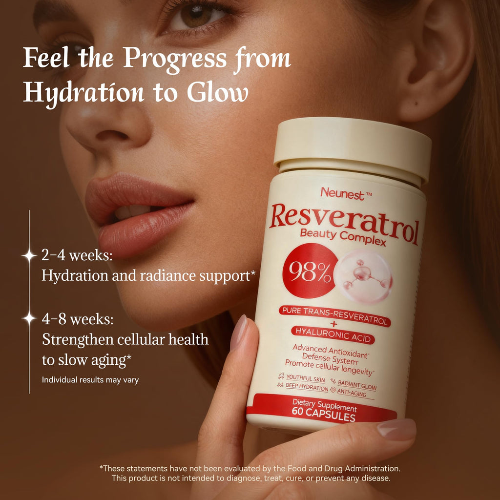 NEUNEST 98% Trans-Resveratrol Supplement for Skin Glow – Collagen, Hyaluronic Acid, Quercetin | 60 Capsules