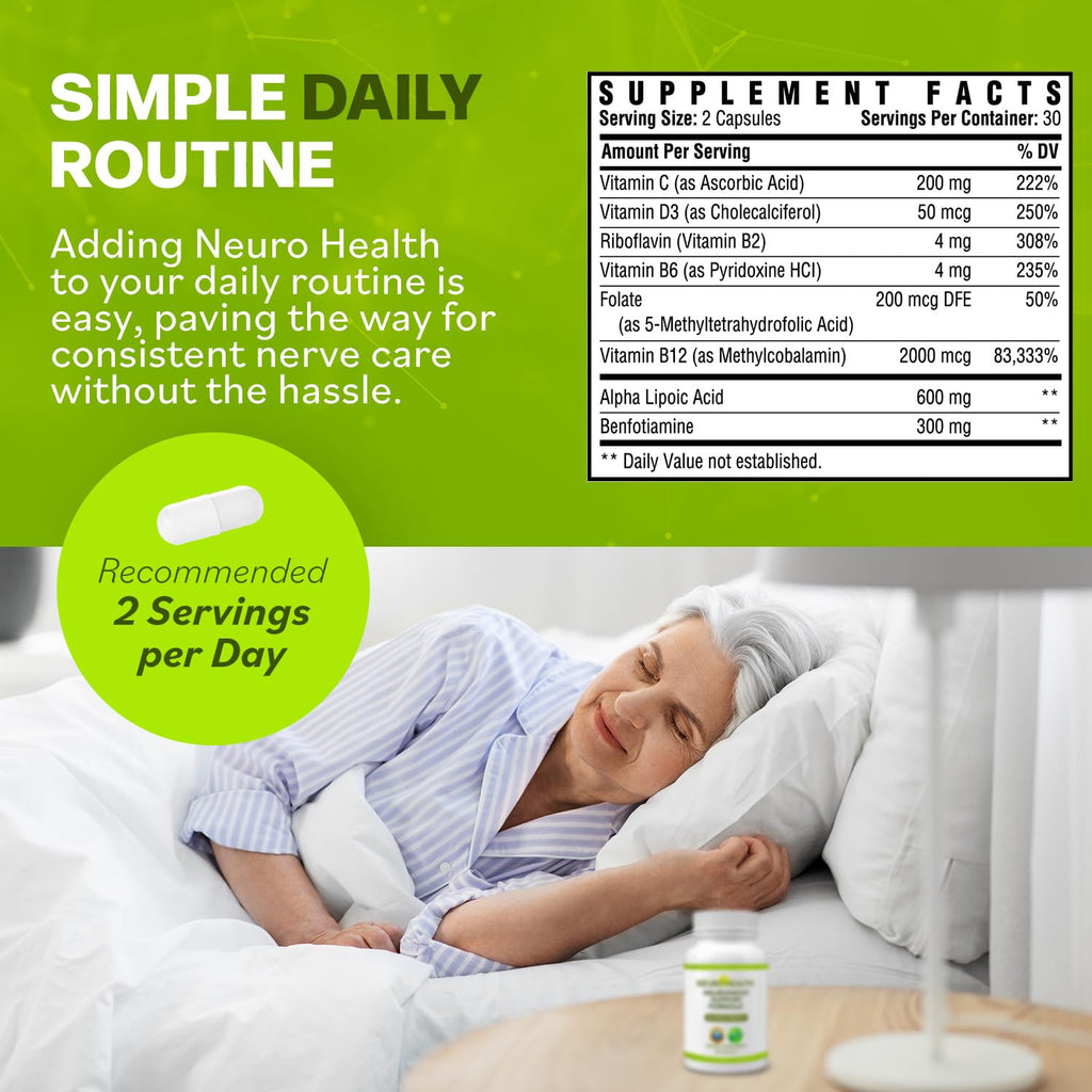 Neuro Health Nerve Support Formula for Neuropathy | B Vitamins & Alpha Lipoic Acid | 180 Capsules