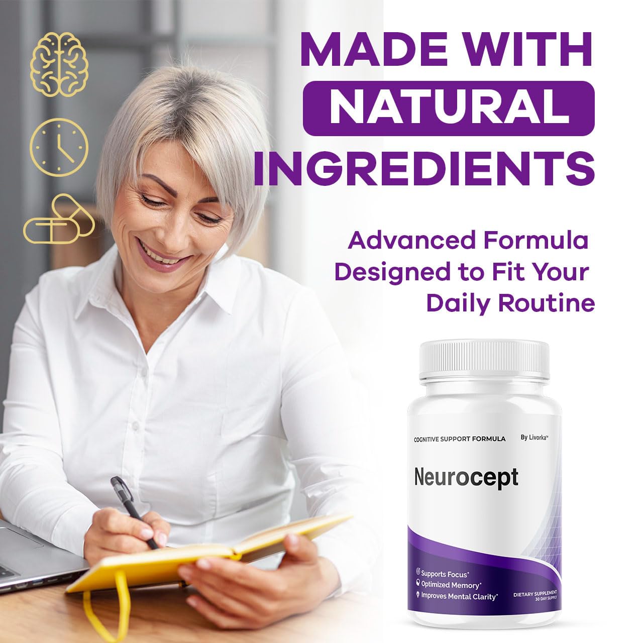 LIVORKA Neurocept Brain Supplement Capsules (5 Pack) — Focus, Memory & Clarity, 300 Capsules