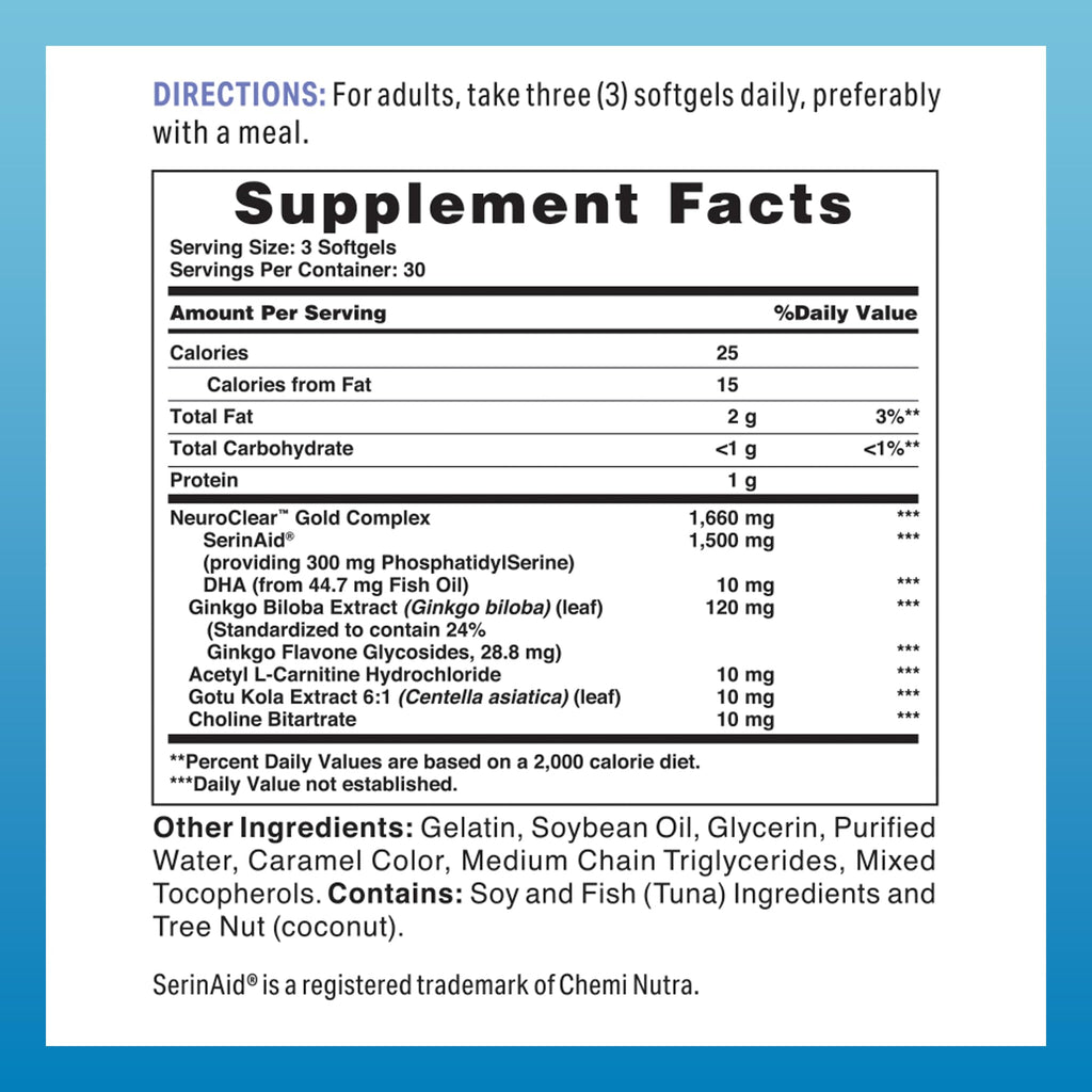 Vitamin World NeuroClear Gold Plus 90 Softgels – Phosphatidylserine, DHA, Ginkgo Biloba | Gluten Free