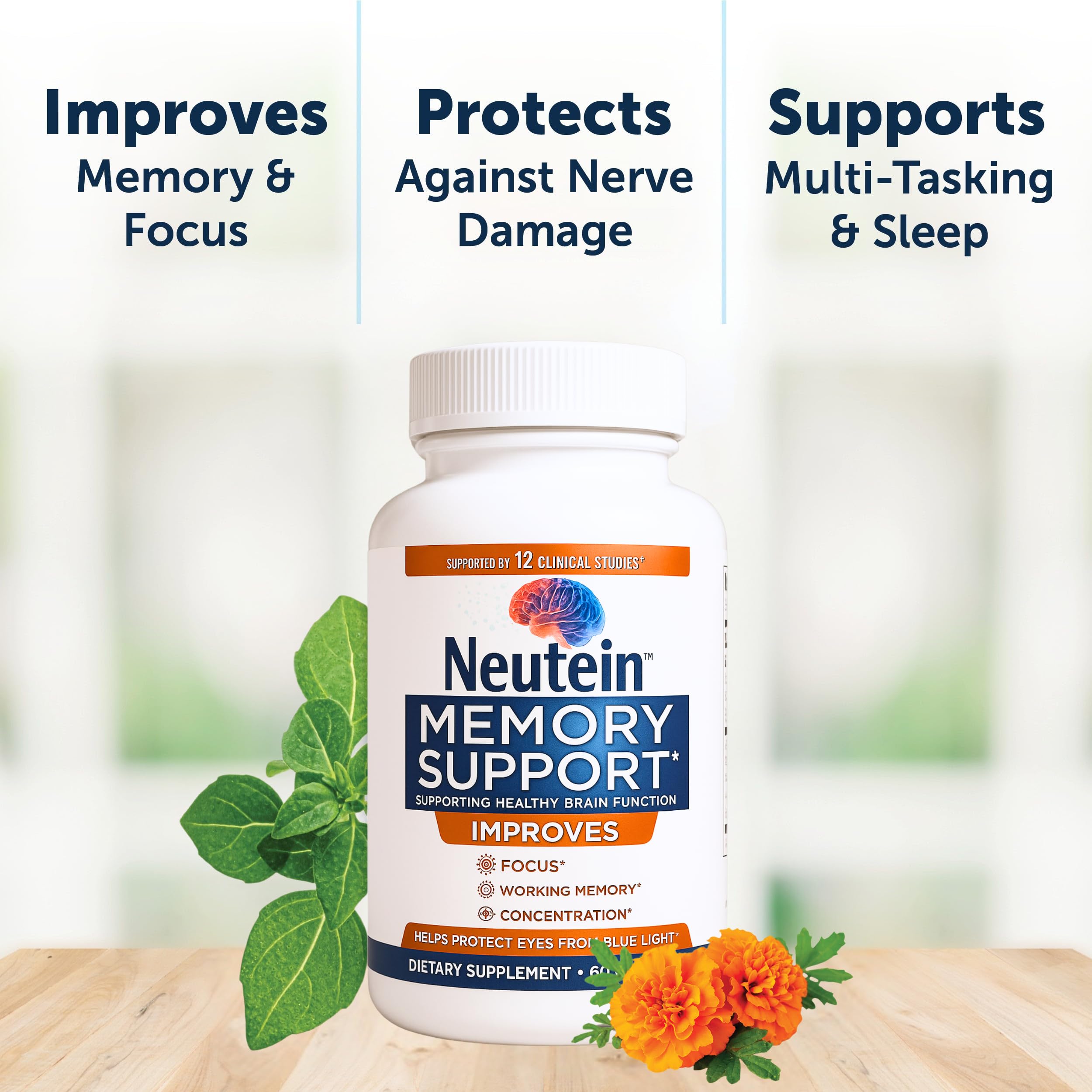 Neutein Natural Brain Booster for Memory, Focus & Brain Health | Plant-Based, Made in USA (60 capsules/30 Servings)