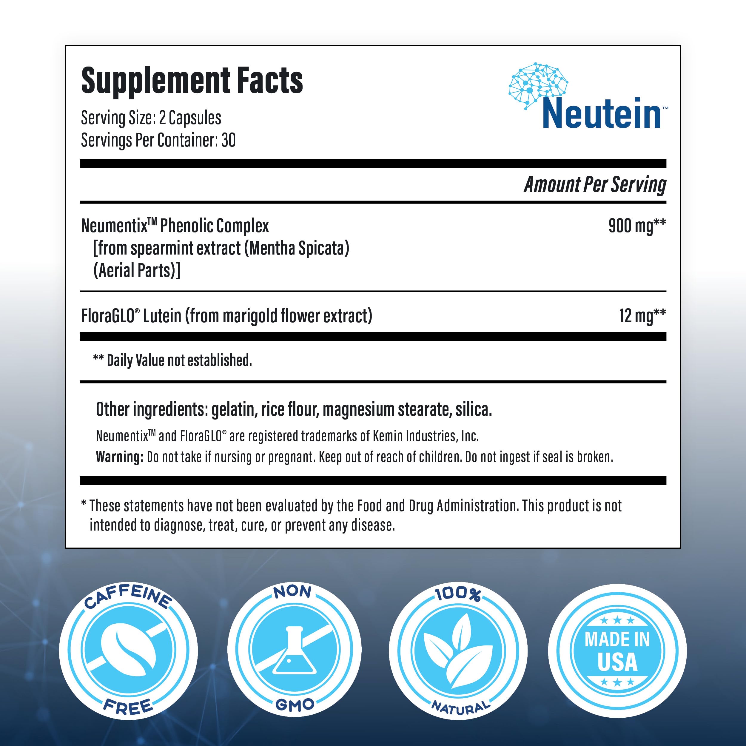 Neutein Natural Brain Booster for Memory, Focus & Brain Health | Plant-Based, Made in USA (60 capsules/30 Servings)