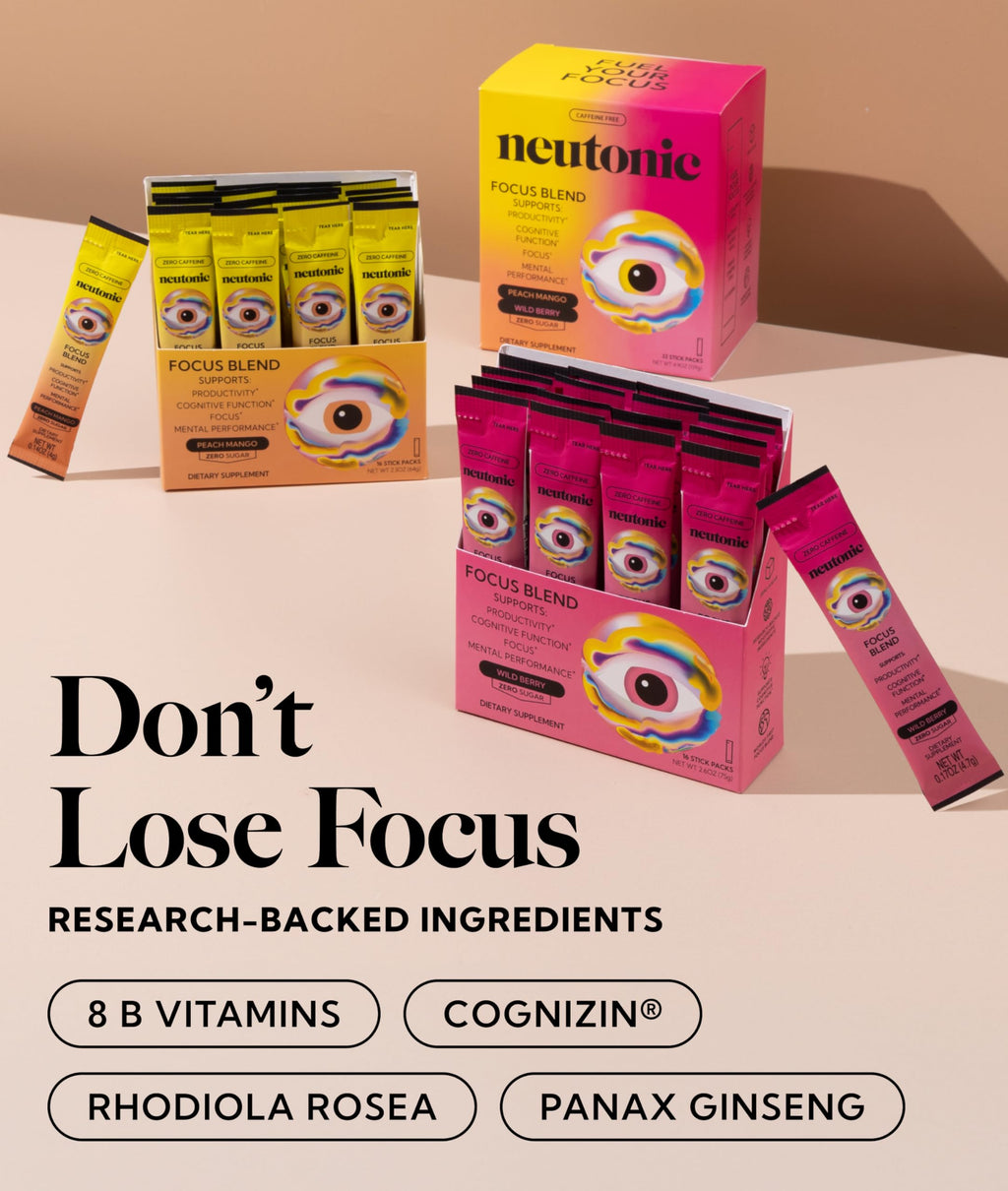 Neutonic Nootropic Focus Blend Powder | Peach Mango & Wild Berry, 32 Sticks | Caffeine Free