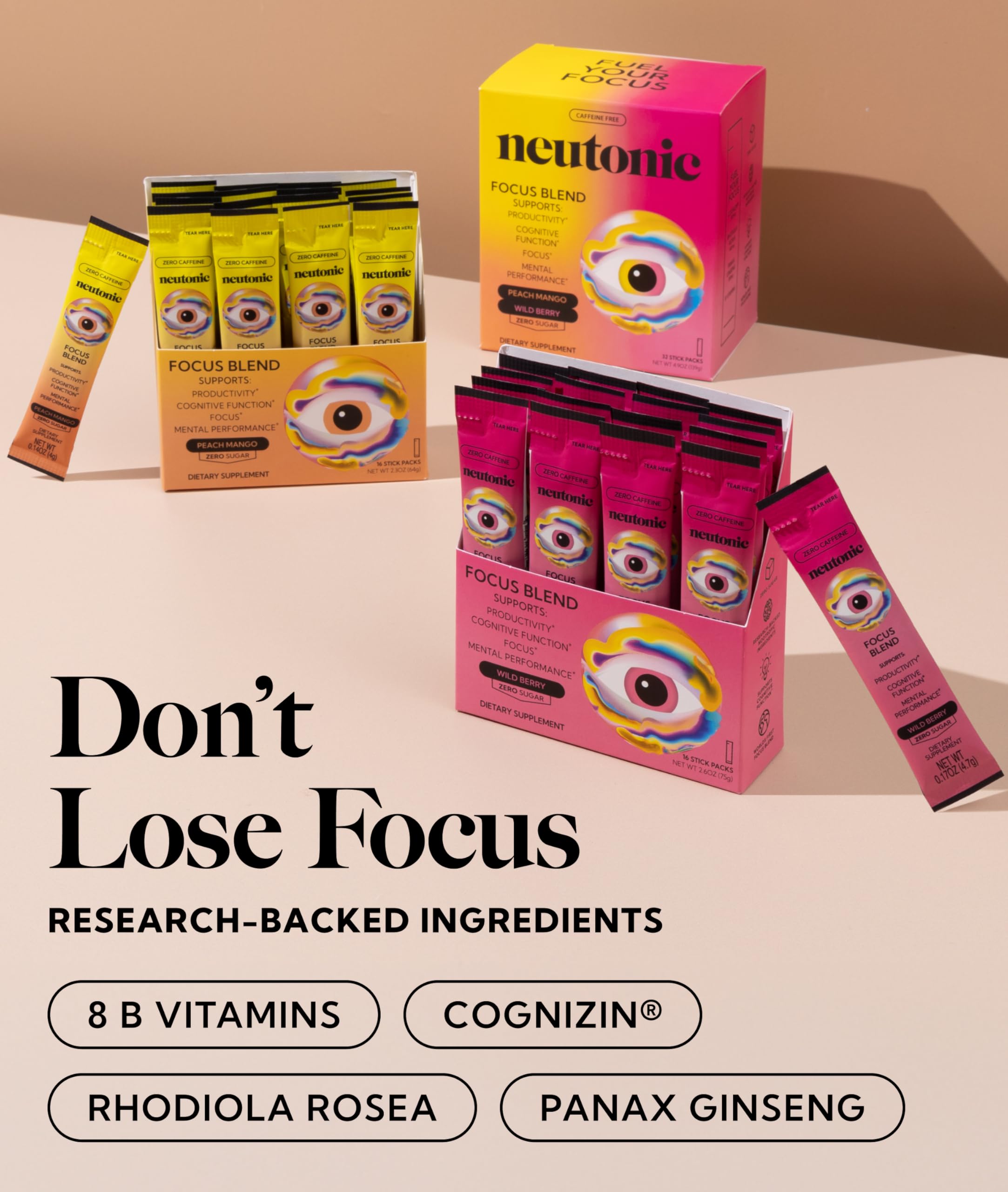 Neutonic Nootropic Focus Blend Powder | Peach Mango & Wild Berry, 32 Sticks | Caffeine Free