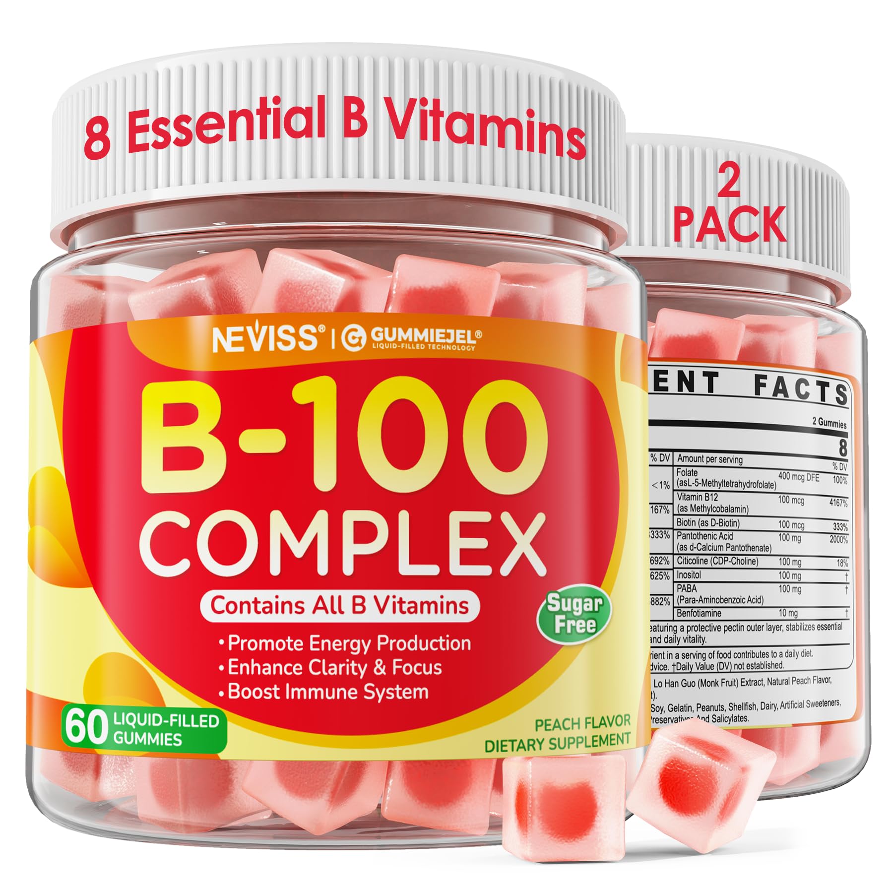 Neviss B100 Complex Gummies – 2 Pack Sugar-Free B Vitamins for Energy, Focus & Immunity