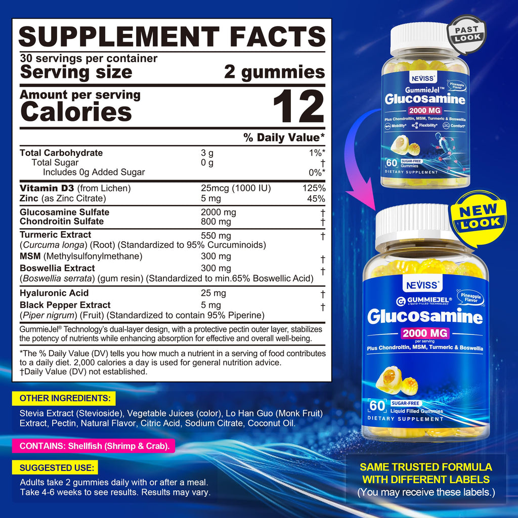 NEVISS Glucosamine 2000mg Gummies – Extra Strength with Chondroitin, MSM, Turmeric, Boswellia, Hyaluronic Acid, Vitamin D3 & Zinc | Pineapple 60 Gummies