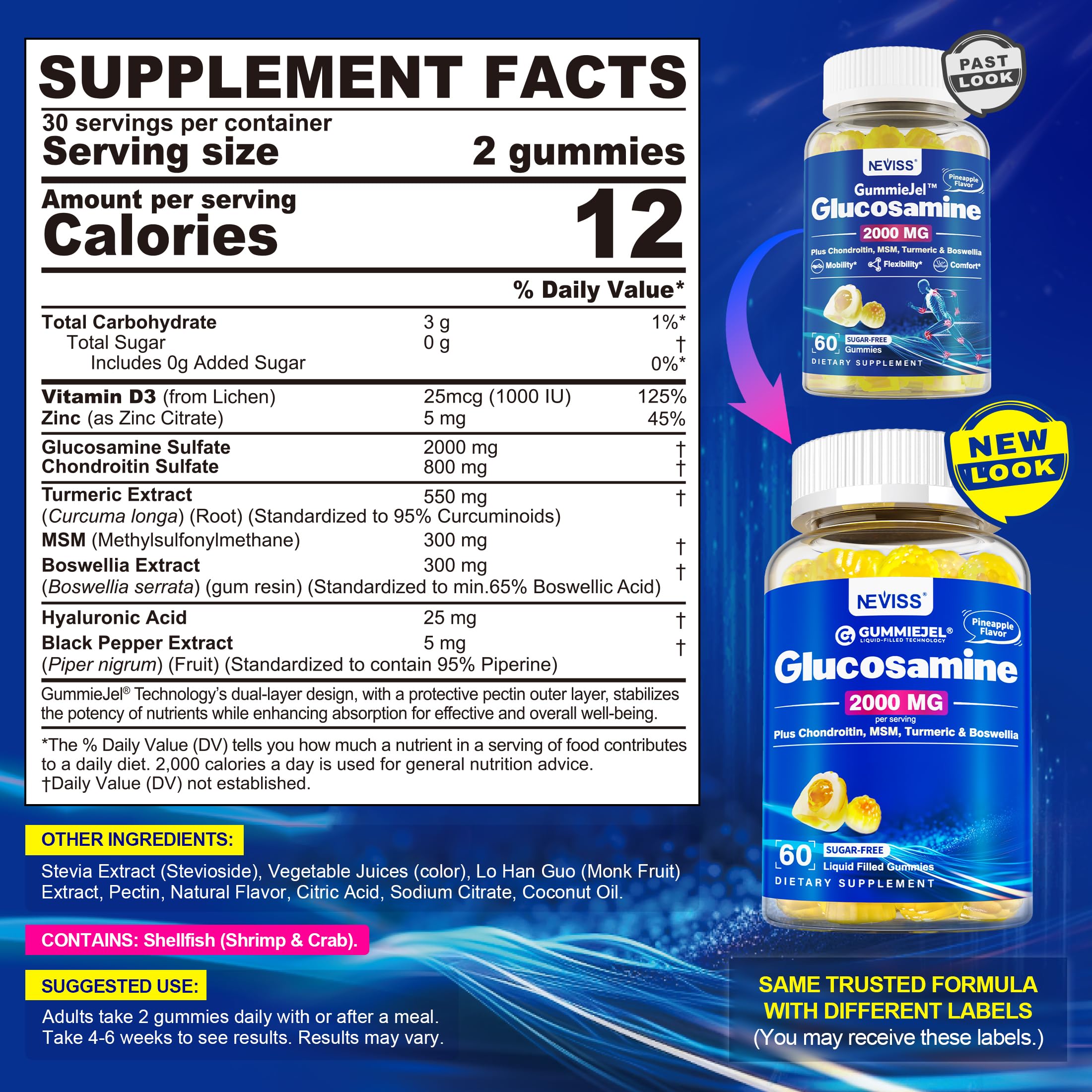 NEVISS Glucosamine 2000mg Gummies – Extra Strength with Chondroitin, MSM, Turmeric, Boswellia, Hyaluronic Acid, Vitamin D3 & Zinc | Pineapple 60 Gummies