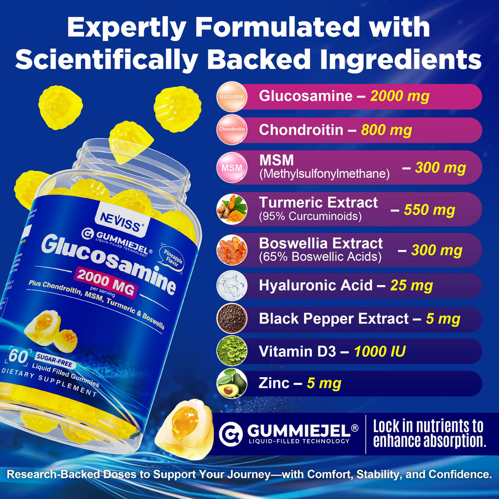 NEVISS Glucosamine 2000mg Gummies – Extra Strength with Chondroitin, MSM, Turmeric, Boswellia, Hyaluronic Acid, Vitamin D3 & Zinc | Pineapple 60 Gummies