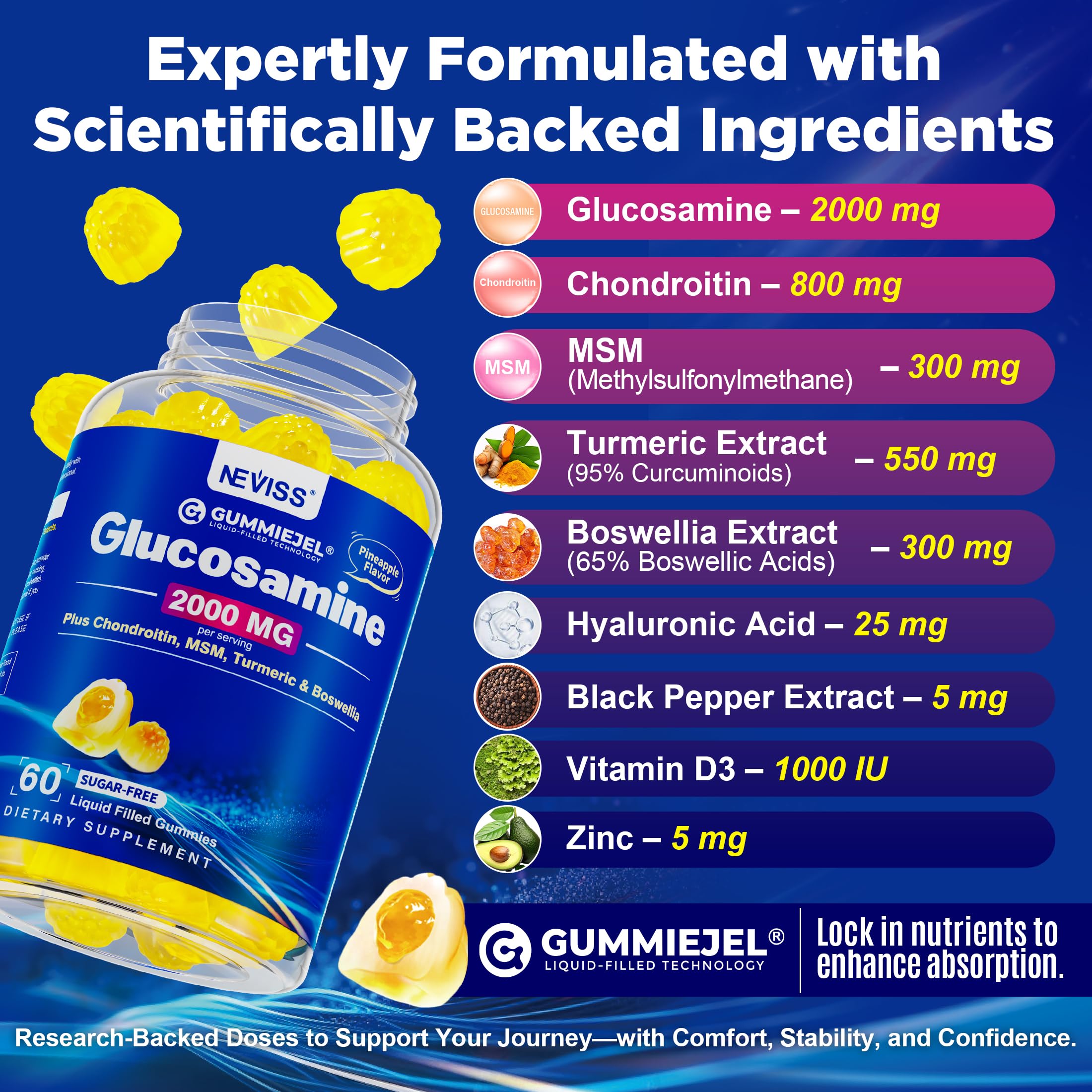 NEVISS Glucosamine 2000mg Gummies – Extra Strength with Chondroitin, MSM, Turmeric, Boswellia, Hyaluronic Acid, Vitamin D3 & Zinc | Pineapple 60 Gummies