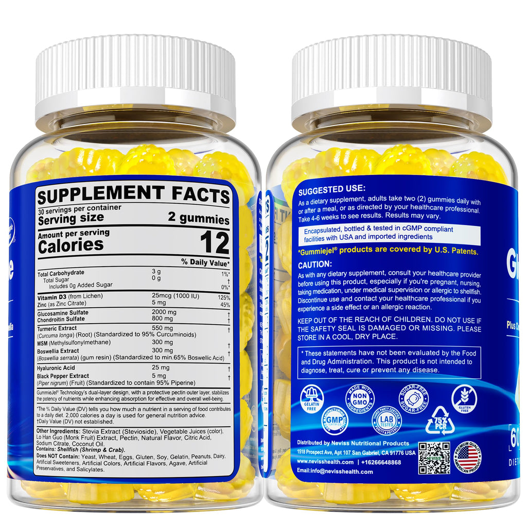 NEVISS Glucosamine 2000mg Gummies – Extra Strength with Chondroitin, MSM, Turmeric, Boswellia, Hyaluronic Acid, Vitamin D3 & Zinc | Pineapple 60 Gummies
