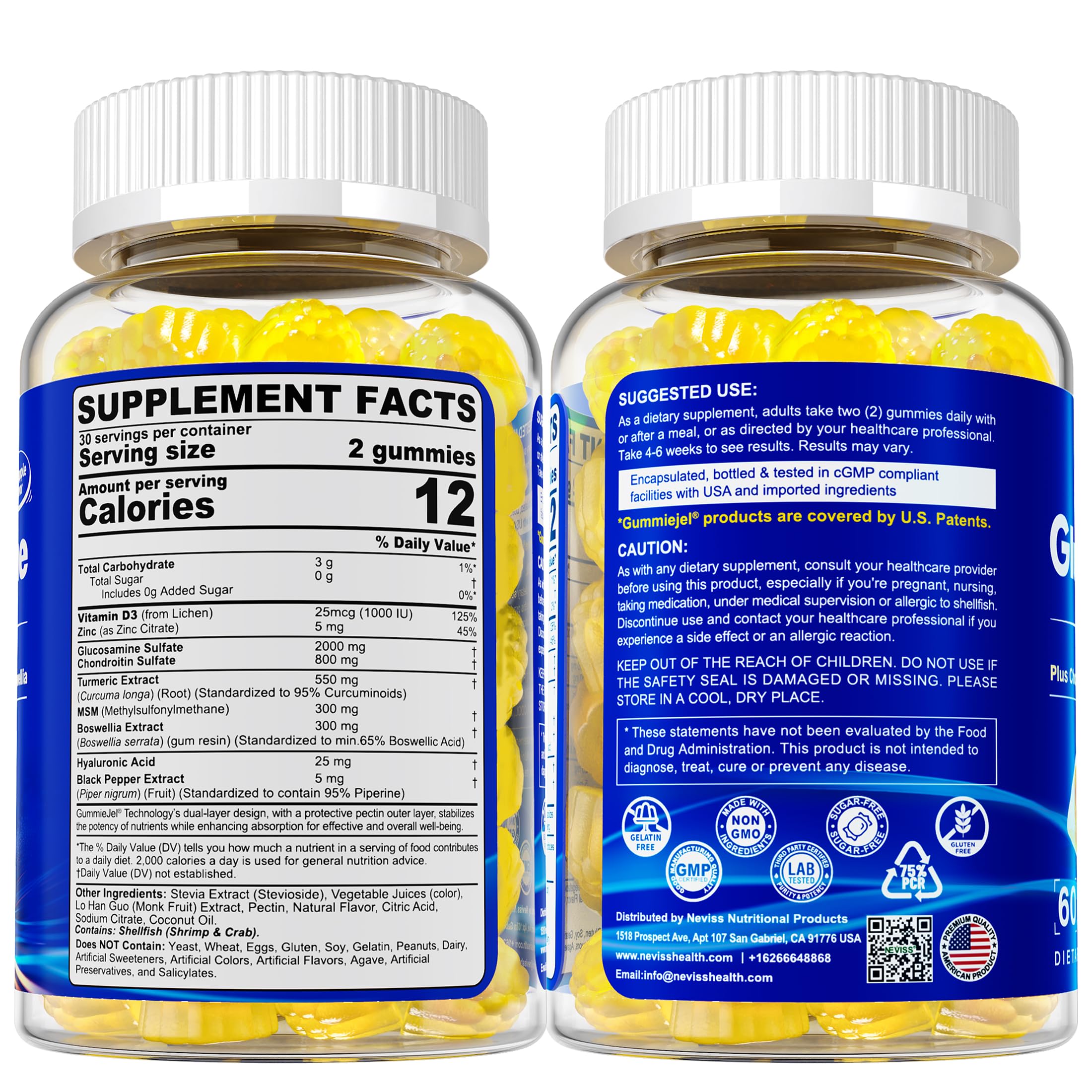 NEVISS Glucosamine 2000mg Gummies – Extra Strength with Chondroitin, MSM, Turmeric, Boswellia, Hyaluronic Acid, Vitamin D3 & Zinc | Pineapple 60 Gummies