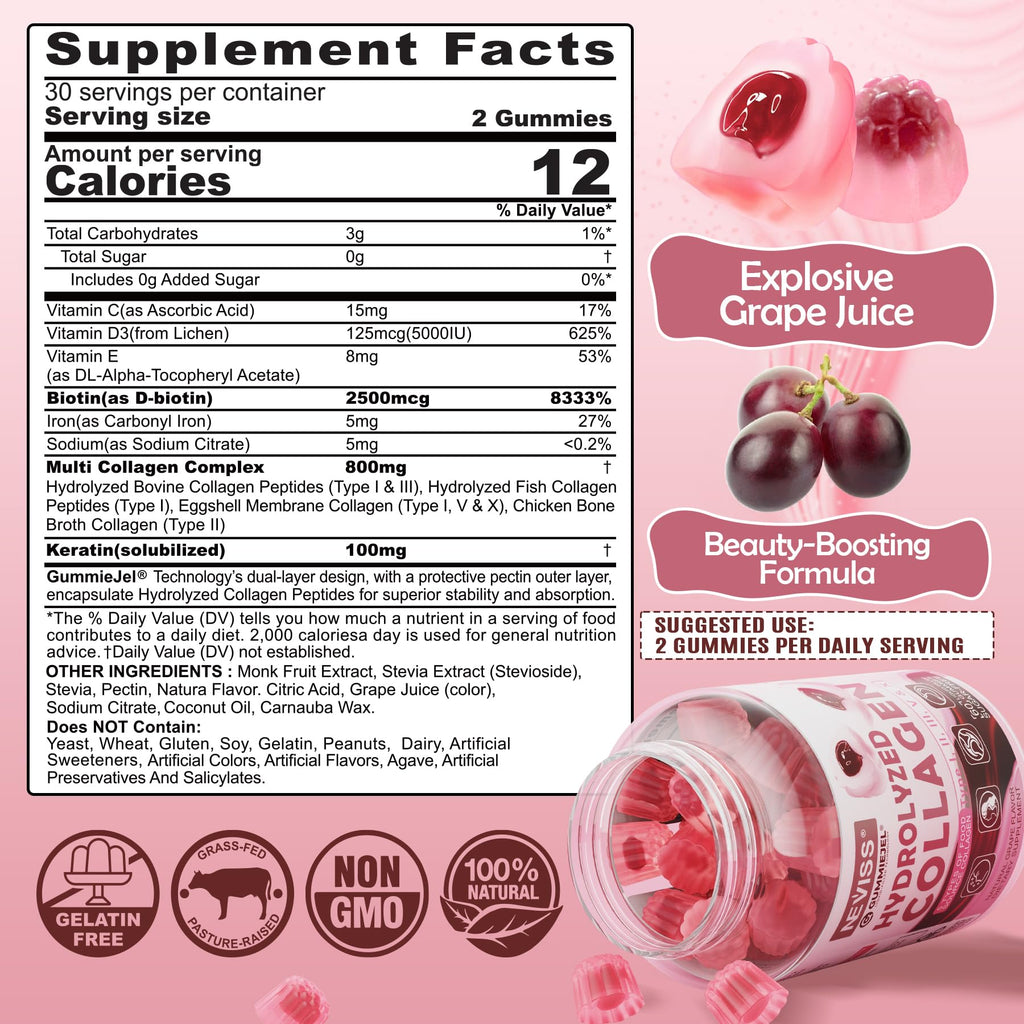 NEVISS Hydrolyzed Collagen Gummies – Multi-Type Collagen I–V & X with Vitamin D3 (120 ct)