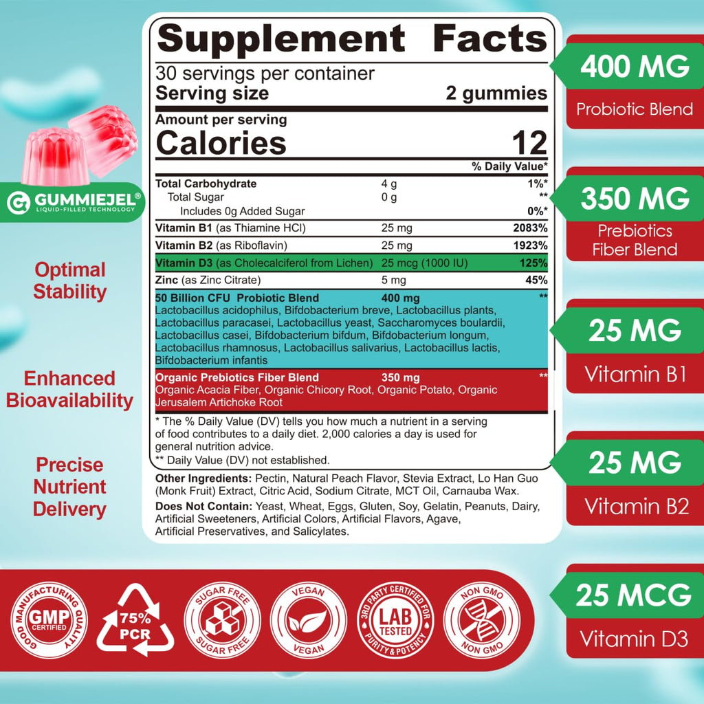 NEVISS Probiotic + Prebiotic Gummies 60 Count  
40 Sugar Free, 50B CFUs, 4+ Adults & Kids