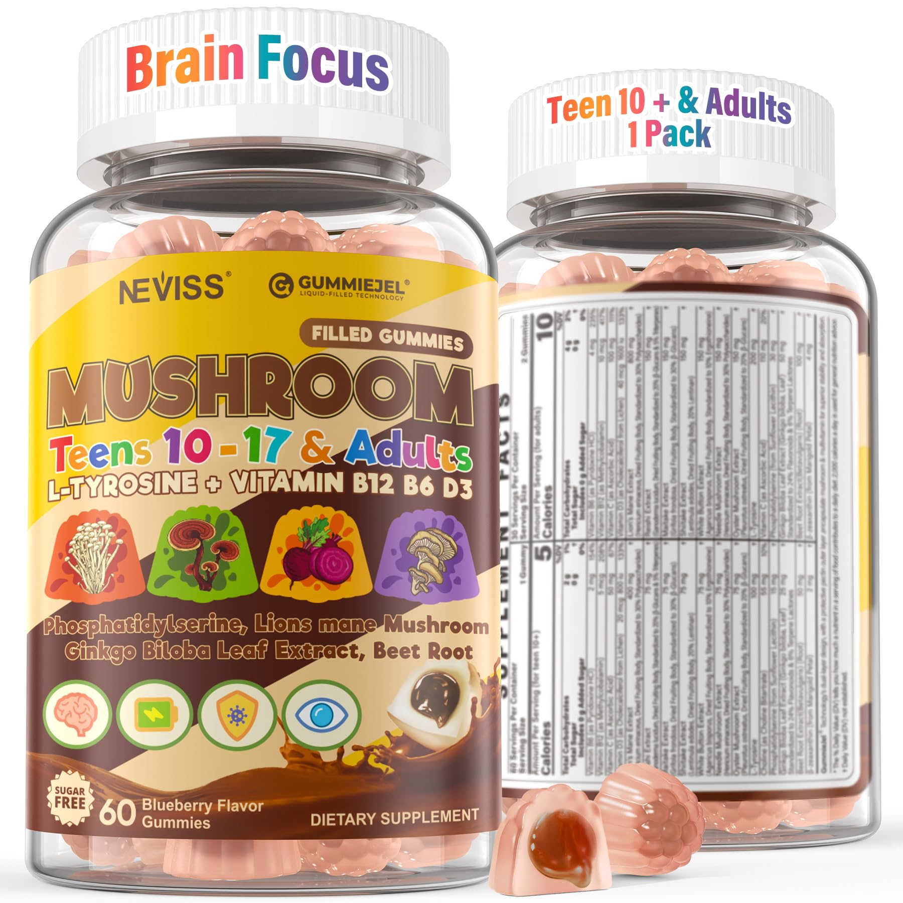 Neviss Teens Brain Gummy: Lion's Mane 7-in-1 Focus, Memory & Energy (Sugar Free)