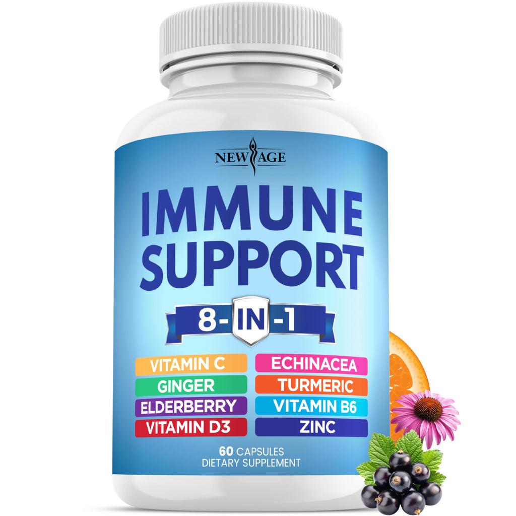 New Age 8-in-1 Immune Support Booster with Echinacea, Vitamin C & Zinc, Vitamin D 5000 IU, Turmeric Curcumin & Ginger, B6, Elderberry – 60 Count