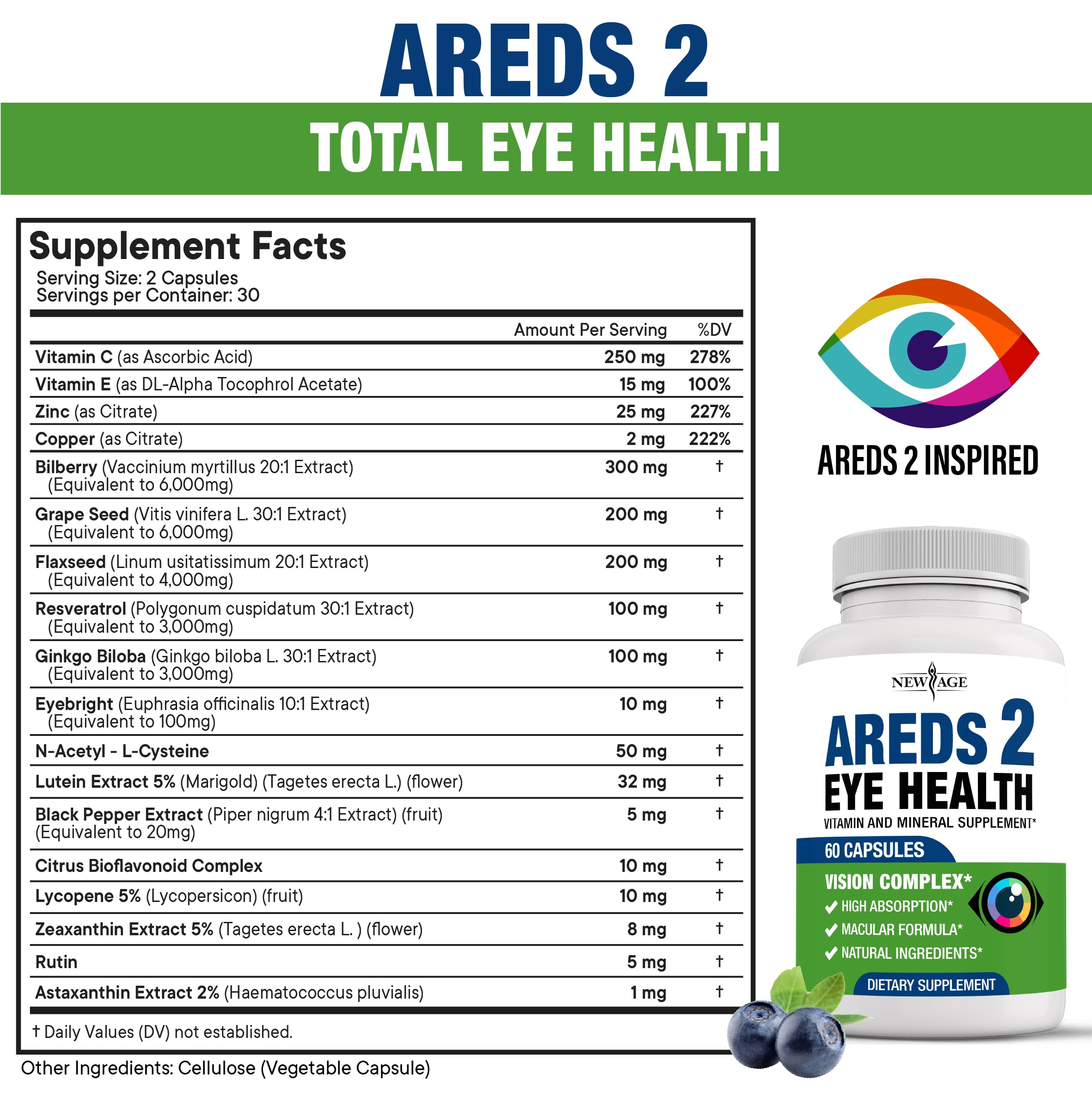 NEW AGE AREDS 2 Eye Vitamins – Lutein, Zeaxanthin, Bilberry & Astaxanthin – 180 Count
