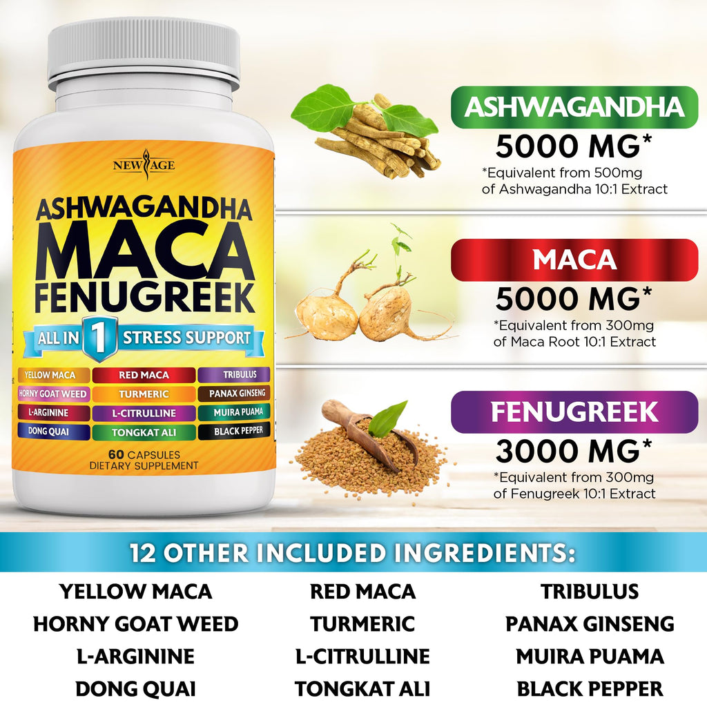 NEW AGE Ashwagandha Maca Root Fenugreek with Tongkat Ali & Ginseng | 120 Count | Made in USA