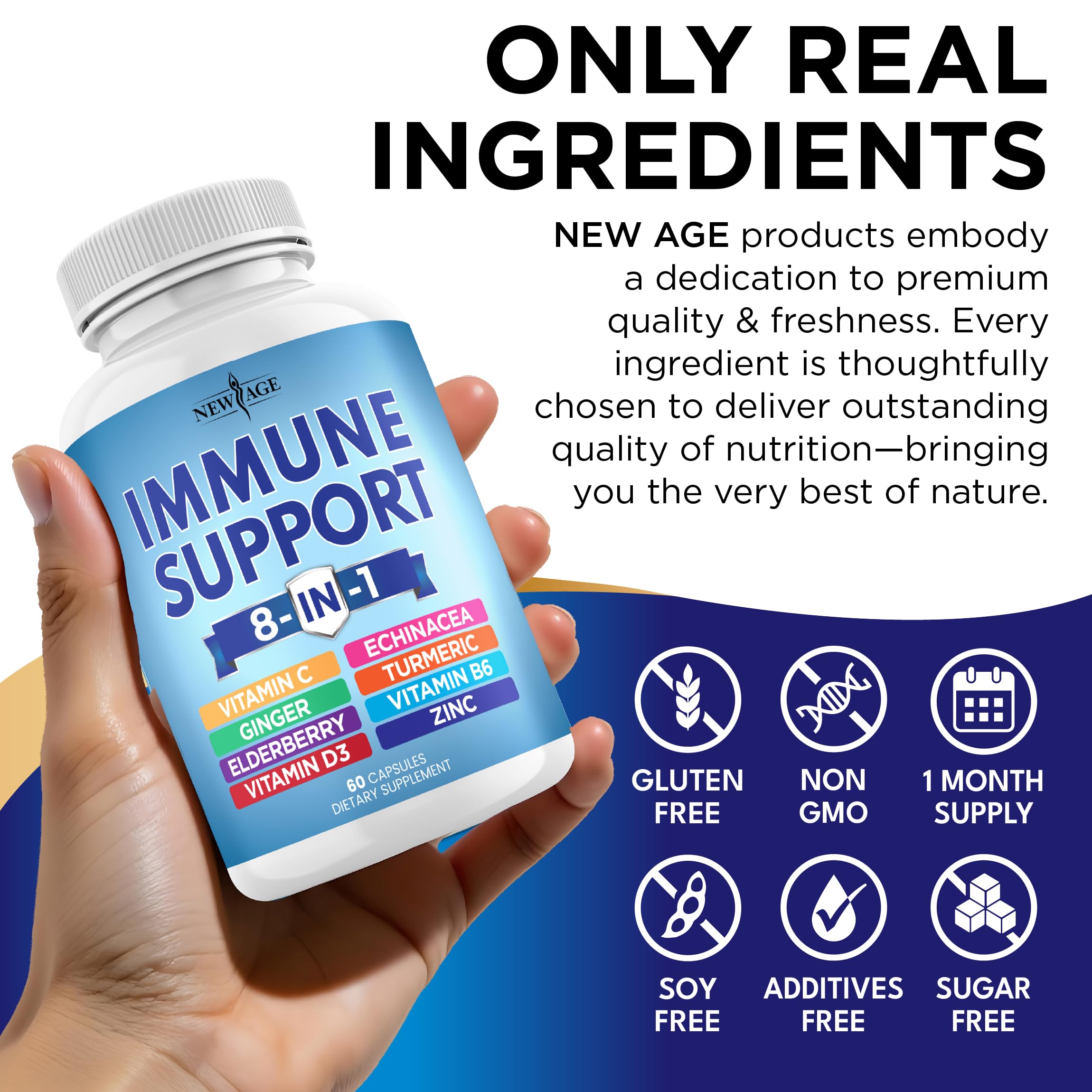 NEW AGE 8 in 1 Immune Support Booster – Vitamin D 5000 IU, Vitamin C 1000 mg, Zinc 50 mg, Elderberry & Echinacea – 180 Capsules (Pack of 3)