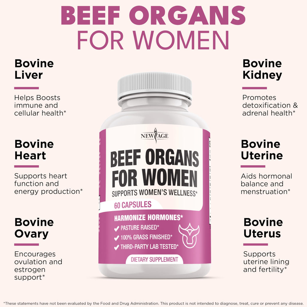 NEW AGE Beef Organ Supplement for Women – Grass-Fed Liver, Kidney, Heart & Uterus Tissue | 180 Capsules