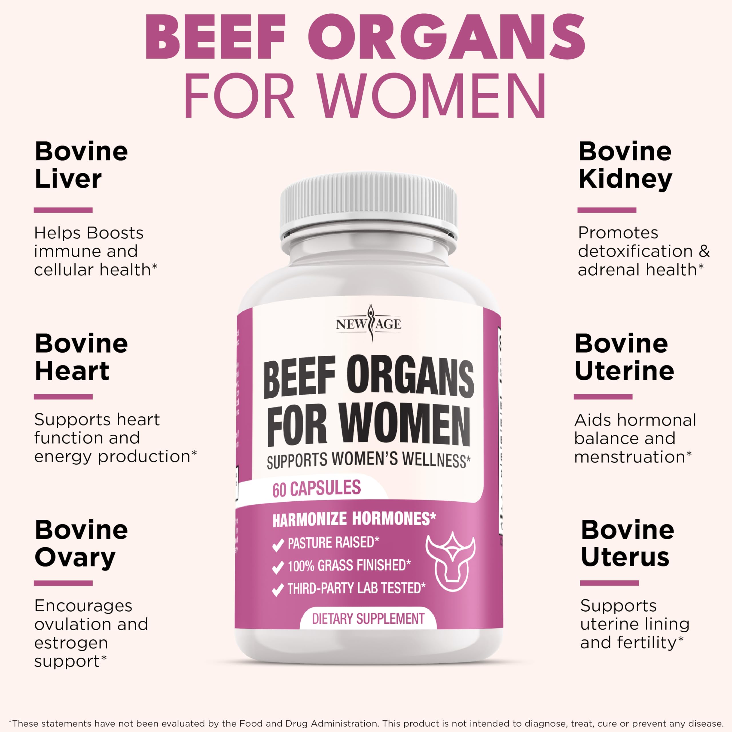 New Age Beef Organ Supplement for Women – Grass-Fed Liver, Kidney, Heart & Uterus Tissue | 120 Capsules