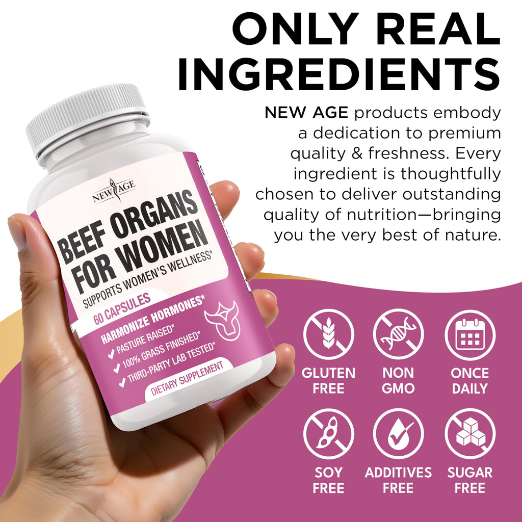 New Age Beef Organ Supplement for Women – Grass-Fed Liver, Kidney, Heart & Uterus Tissue | 120 Capsules