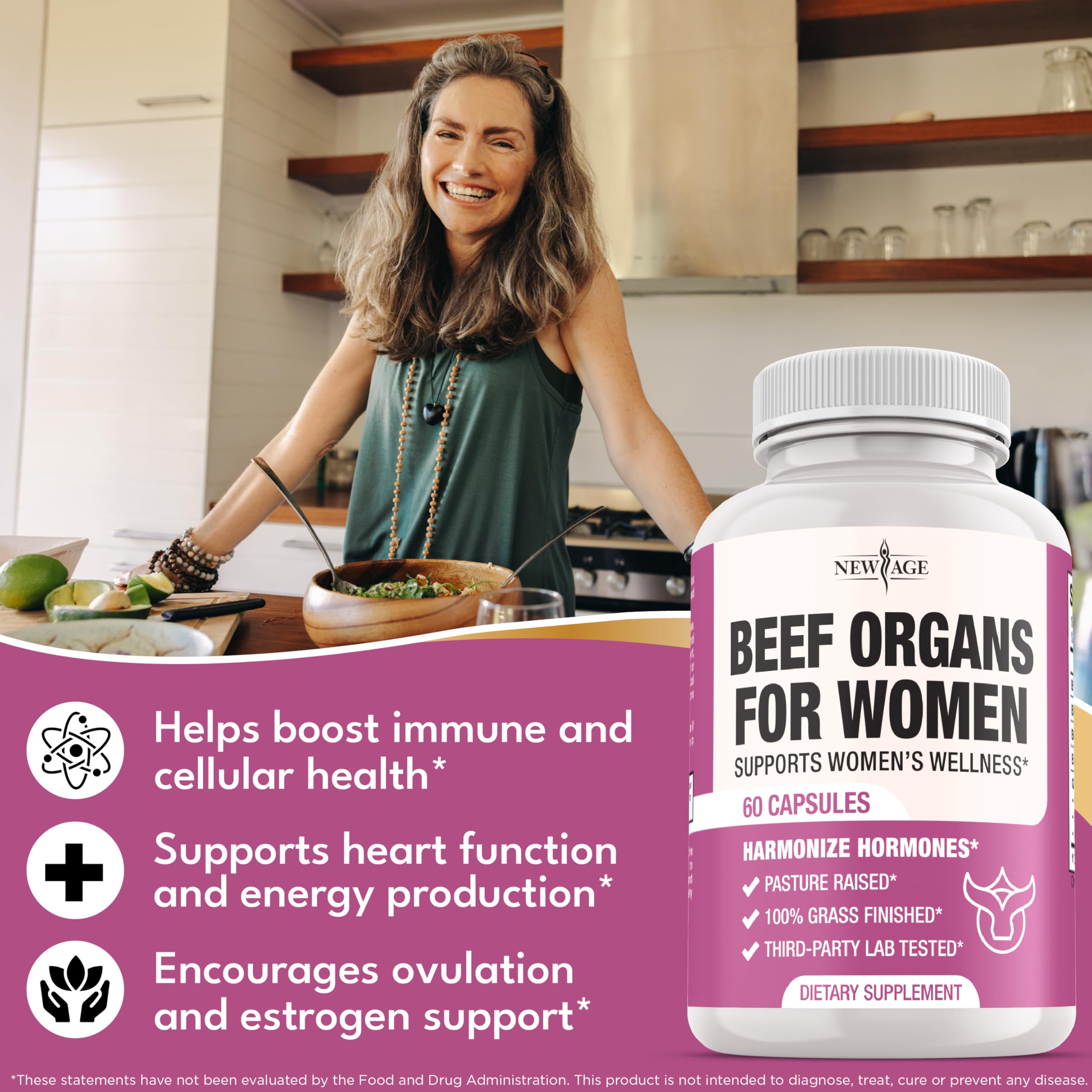 NEW AGE Beef Organ Supplement for Women - Grass-Fed, Pasture Raised - 60 Capsules