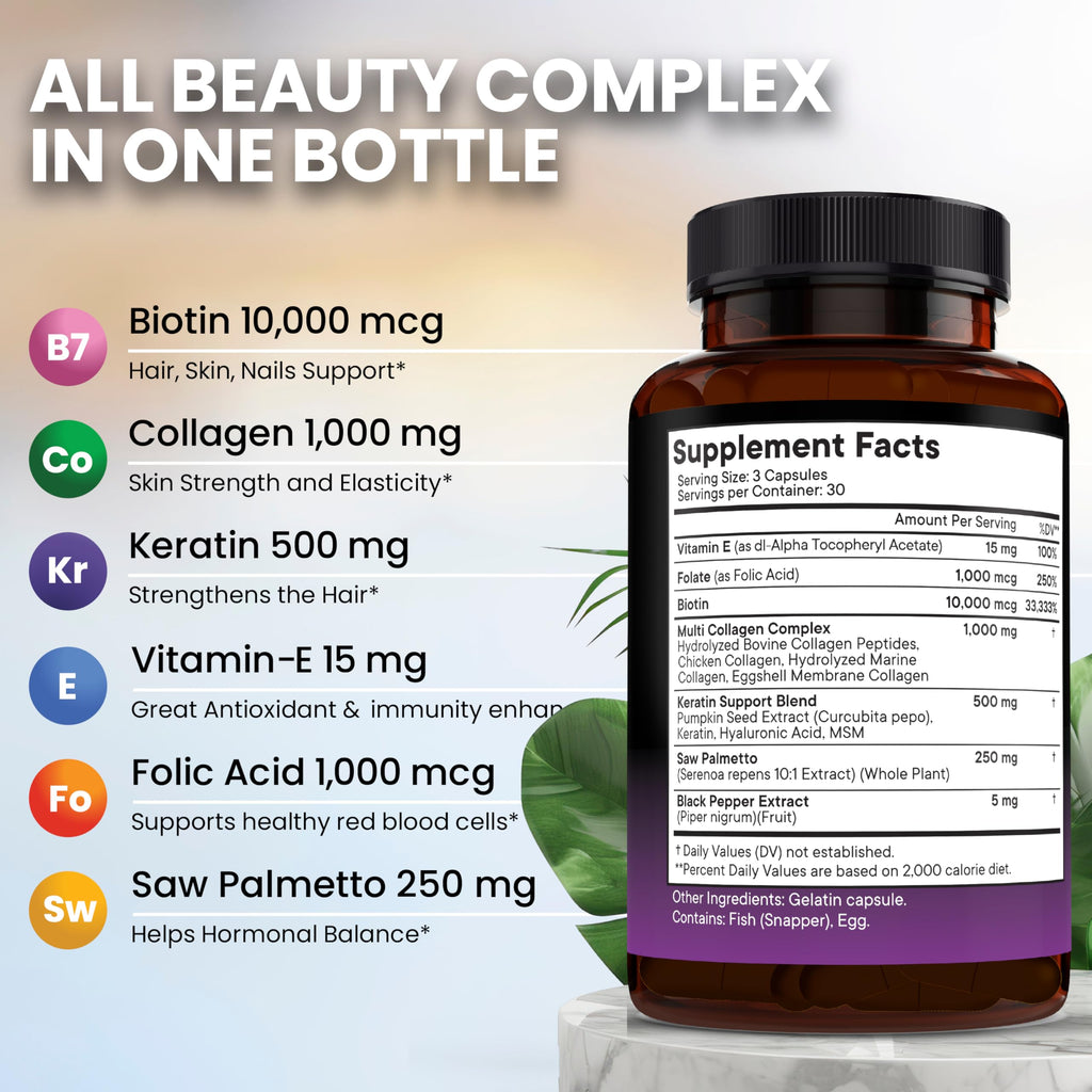 NEW AGE Biotin Collagen Keratin Hyaluronic Acid with DHT Blocker – 50,000mcg Hair Growth Vitamins (180 Count)