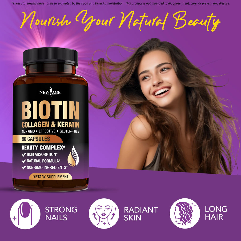 NEW AGE Biotin Collagen Keratin Hyaluronic Acid with DHT Blocker – 50,000mcg Hair Growth Vitamins (180 Count)