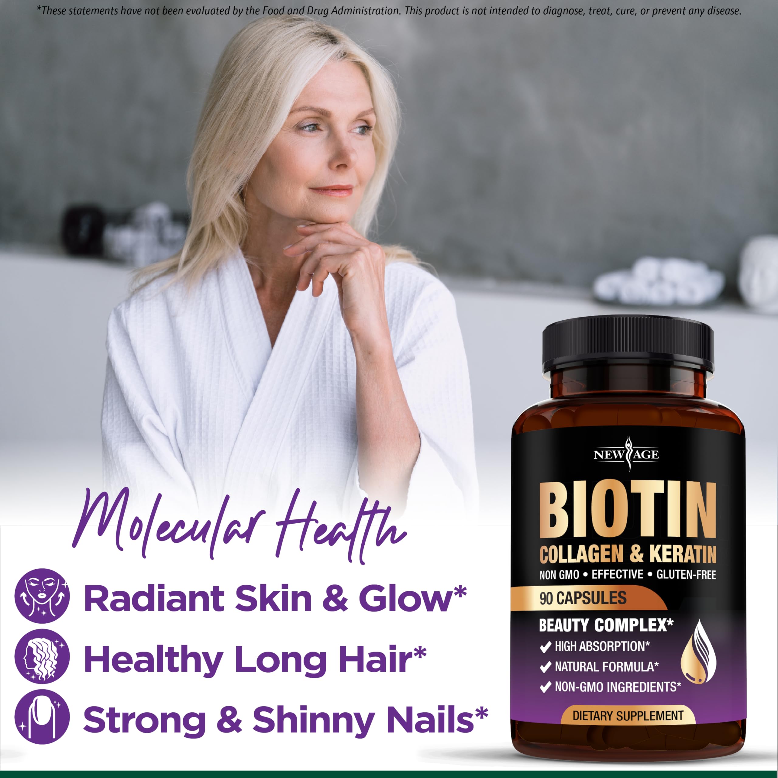 NEW AGE Biotin Collagen Keratin Hyaluronic Acid with DHT Blocker – 50,000mcg Hair Growth Vitamins (180 Count)