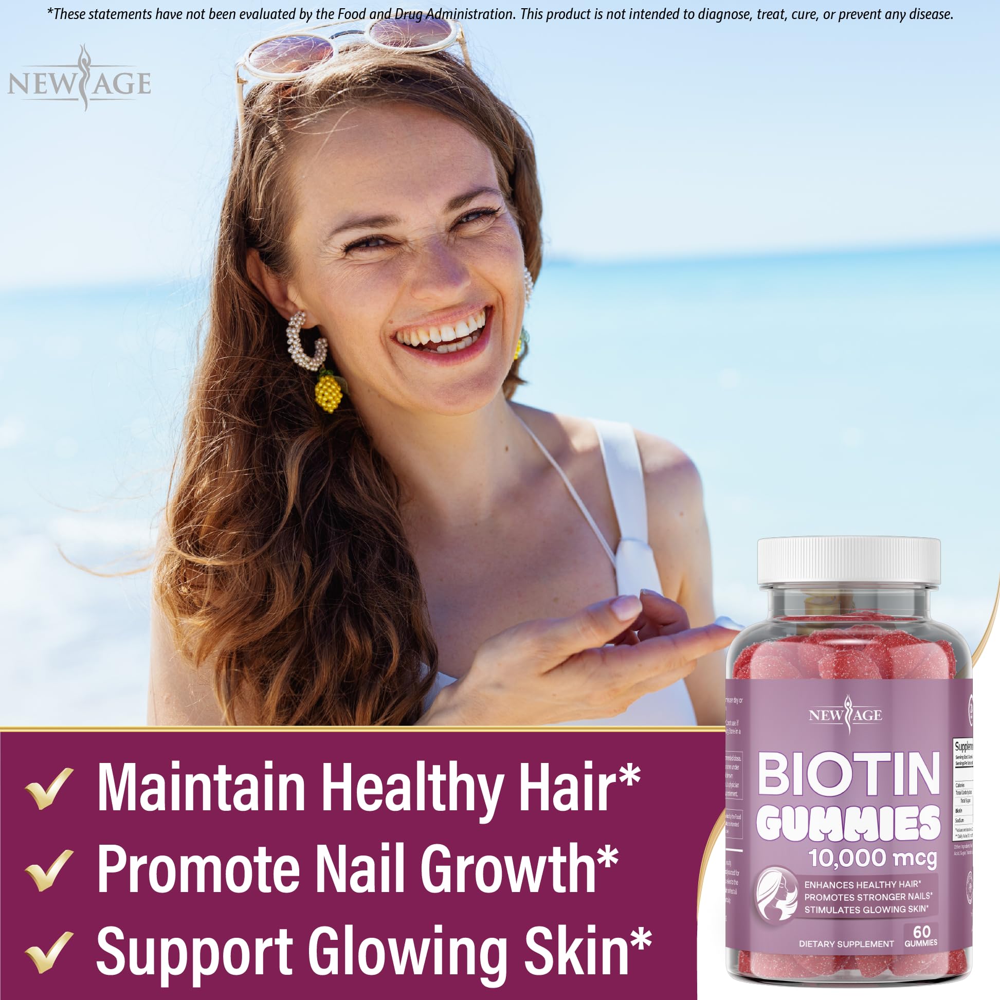 NEW AGE Biotin Gummies – Hair, Skin & Nails – 10,000 mcg – Non-GMO – Made in USA – 120 Count