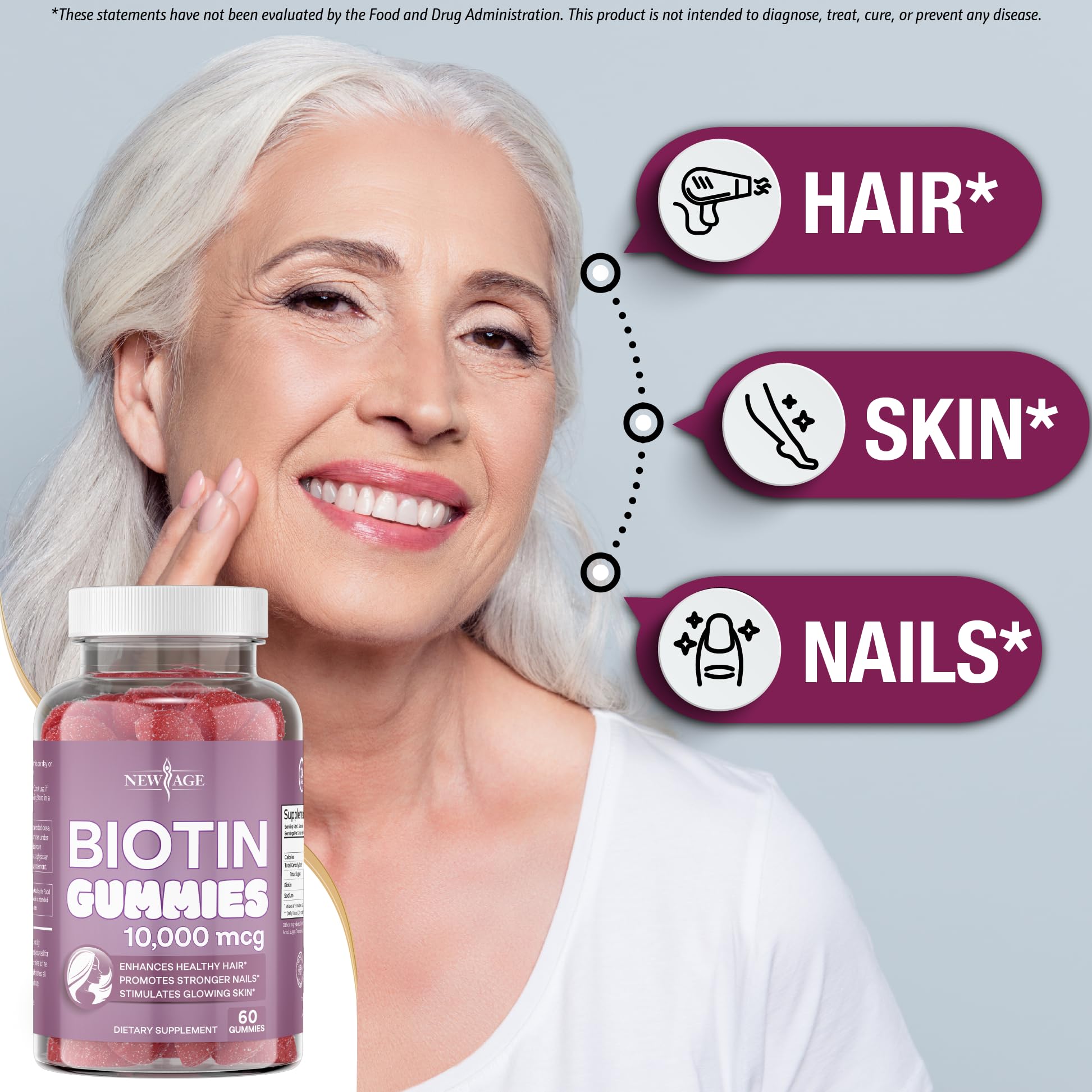 NEW AGE Biotin Gummies – Hair, Skin & Nails – 10,000 mcg – Non-GMO – Made in USA – 120 Count