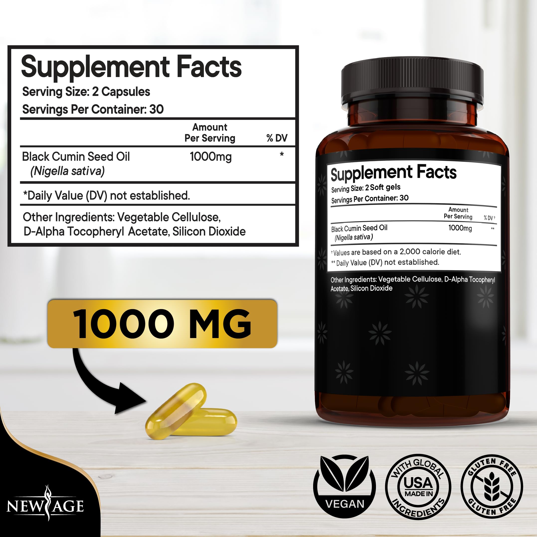 NEW AGE Black Seed Oil Softgel Capsules – Premium Cold-Pressed Nigella Sativa, Non-GMO (60 Softgels)