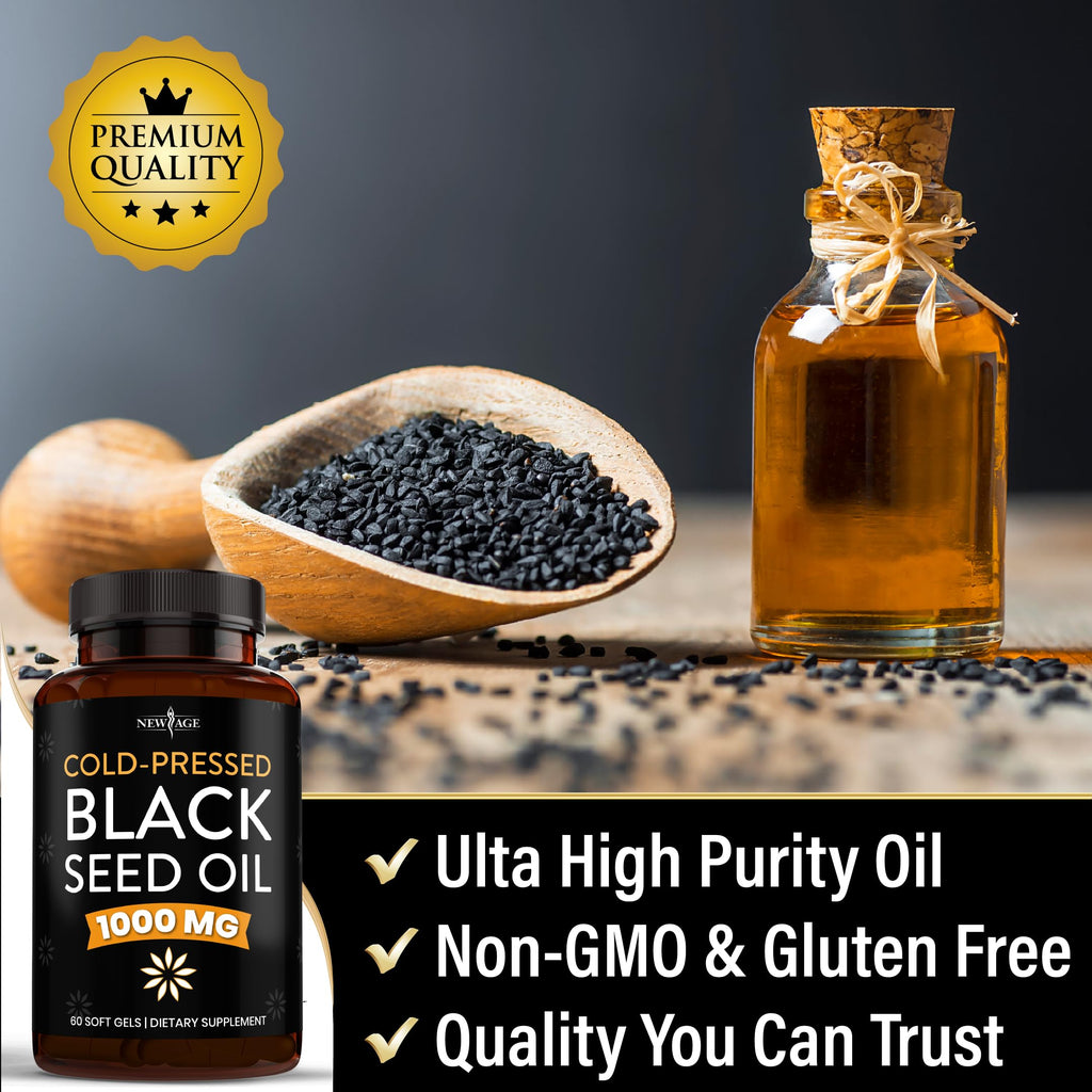 NEW AGE Black Seed Oil Softgel Capsules – Premium Cold-Pressed Nigella Sativa, Non-GMO (60 Softgels)