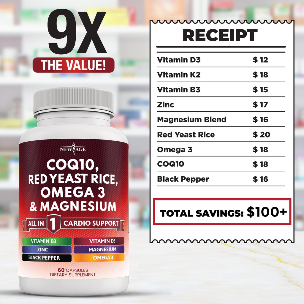 New Age CoQ10 200mg with Red Yeast Rice & Omega-3-6-9 – 120 Count