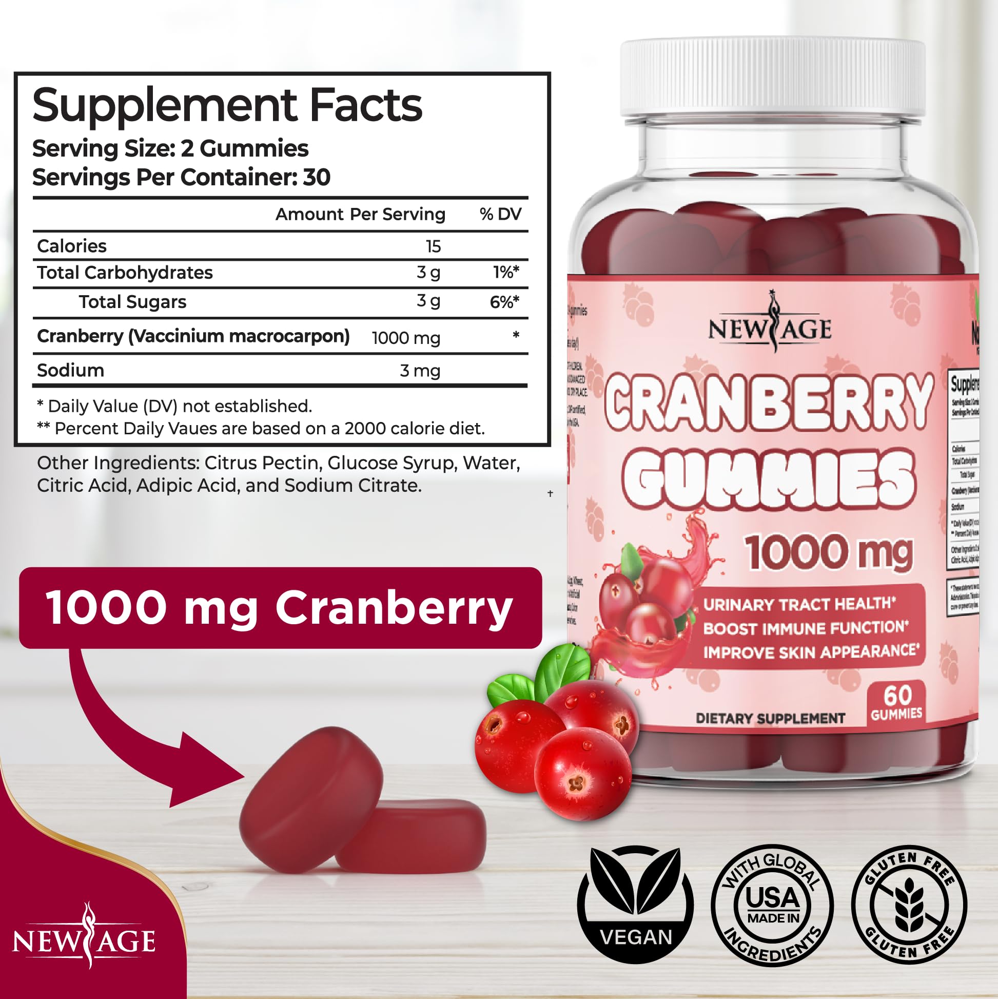 NEW AGE Cranberry Gummies Urinary Tract Health - 1000mg - Vegetarian, 60 Gummies