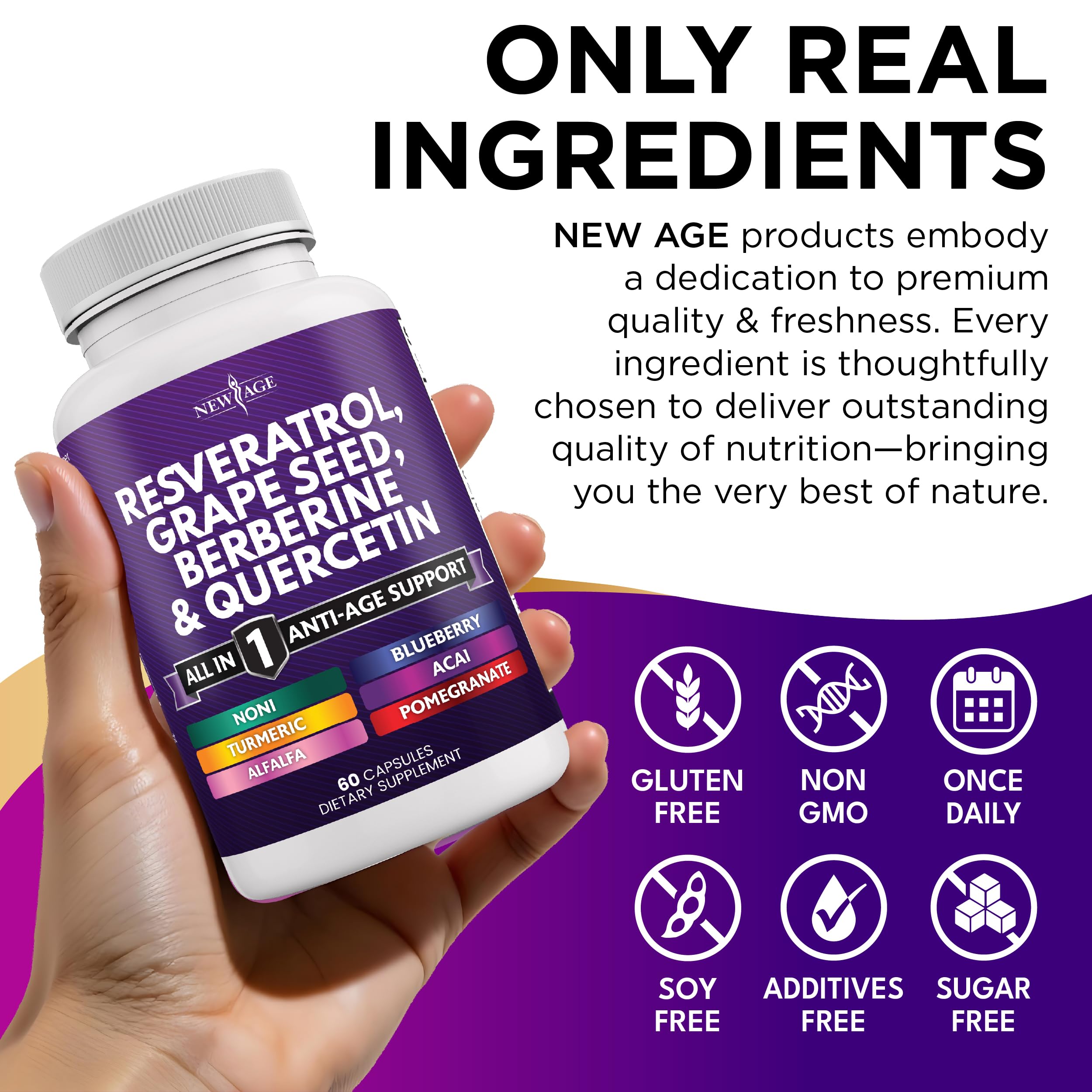 NEW AGE Resveratrol Berberine Grape Seed Quercetin Polyphenol Supplement – 180 Capsules