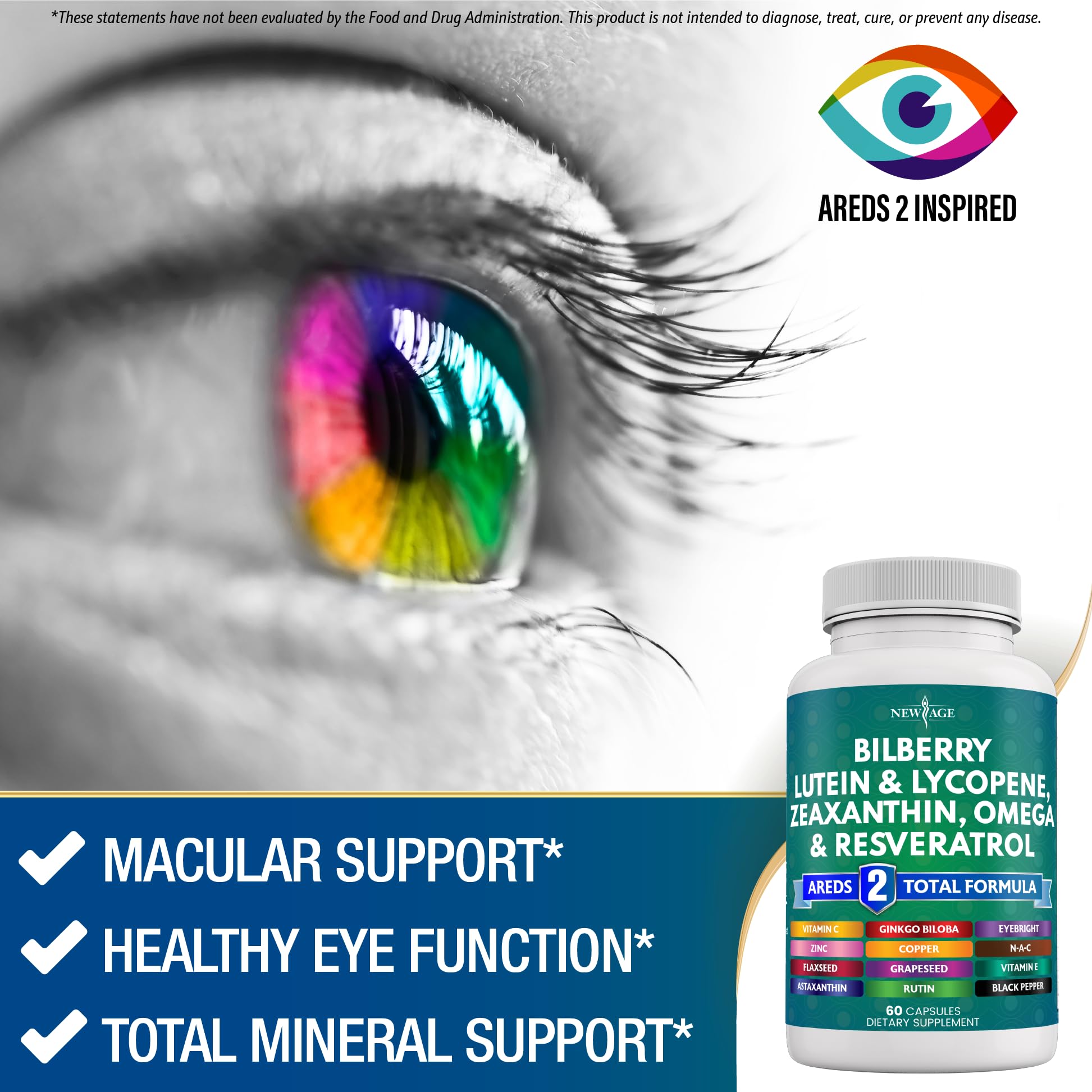NEW AGE Eye Health Vitamins – Bilberry, Lutein & Zeaxanthin, AREDS 2 Blend, 180 Count