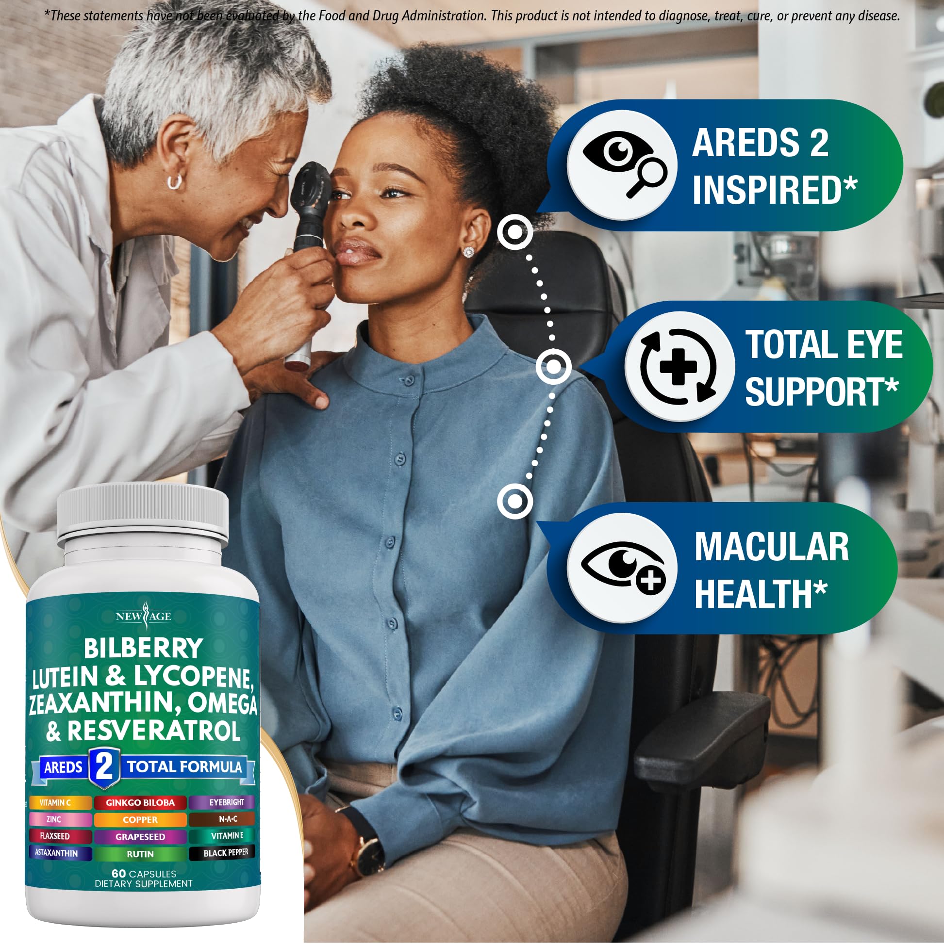 NEW AGE Eye Health Vitamins – Bilberry, Lutein & Zeaxanthin, AREDS 2 Blend, 180 Count