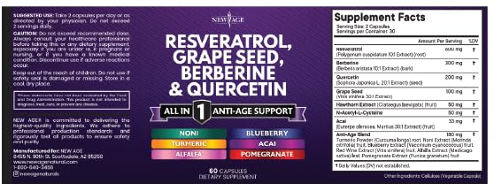 NEW AGE Resveratrol Berberine Grape Seed Polyphenol Supplement – 120 Capsules (Women & Men) with Noni, NAC & Acai