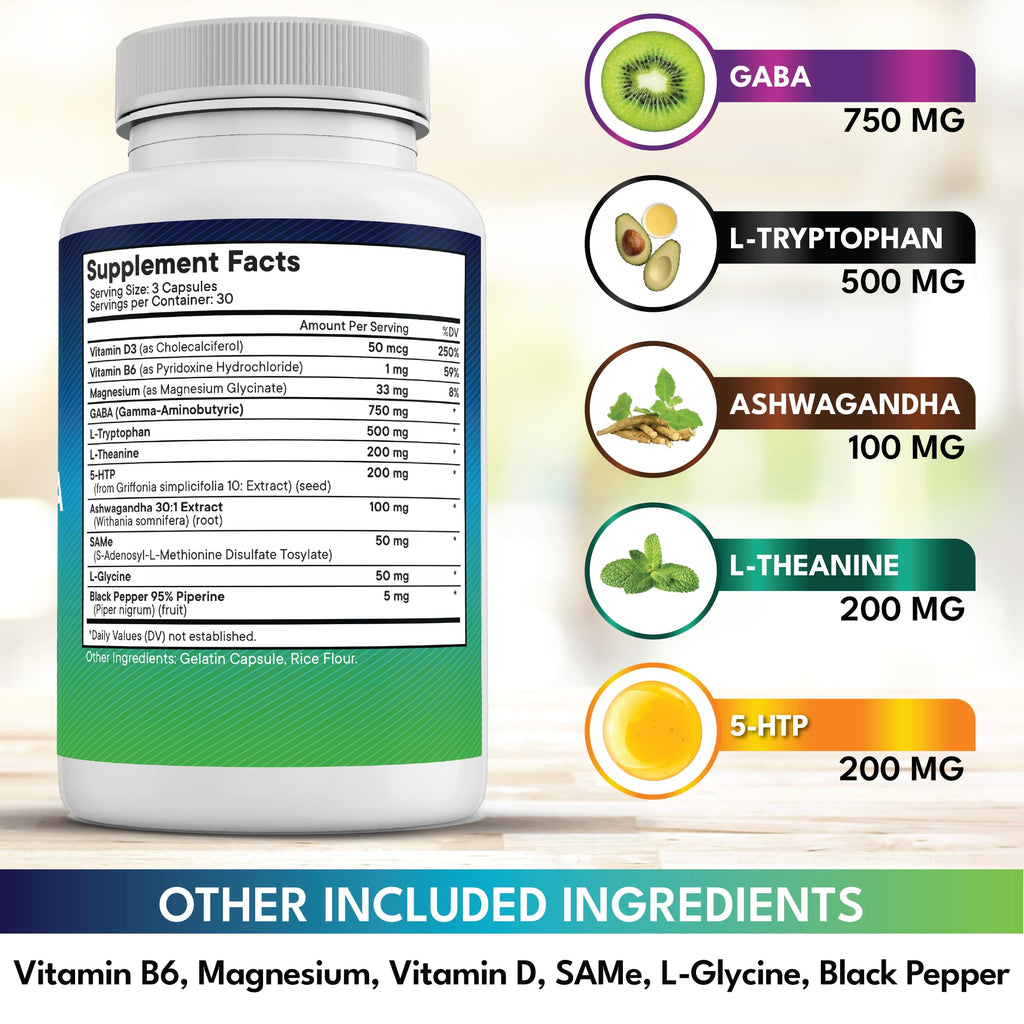 NEW AGE GABA 750mg with 5-HTP & L-Theanine 200mg - 180 Count