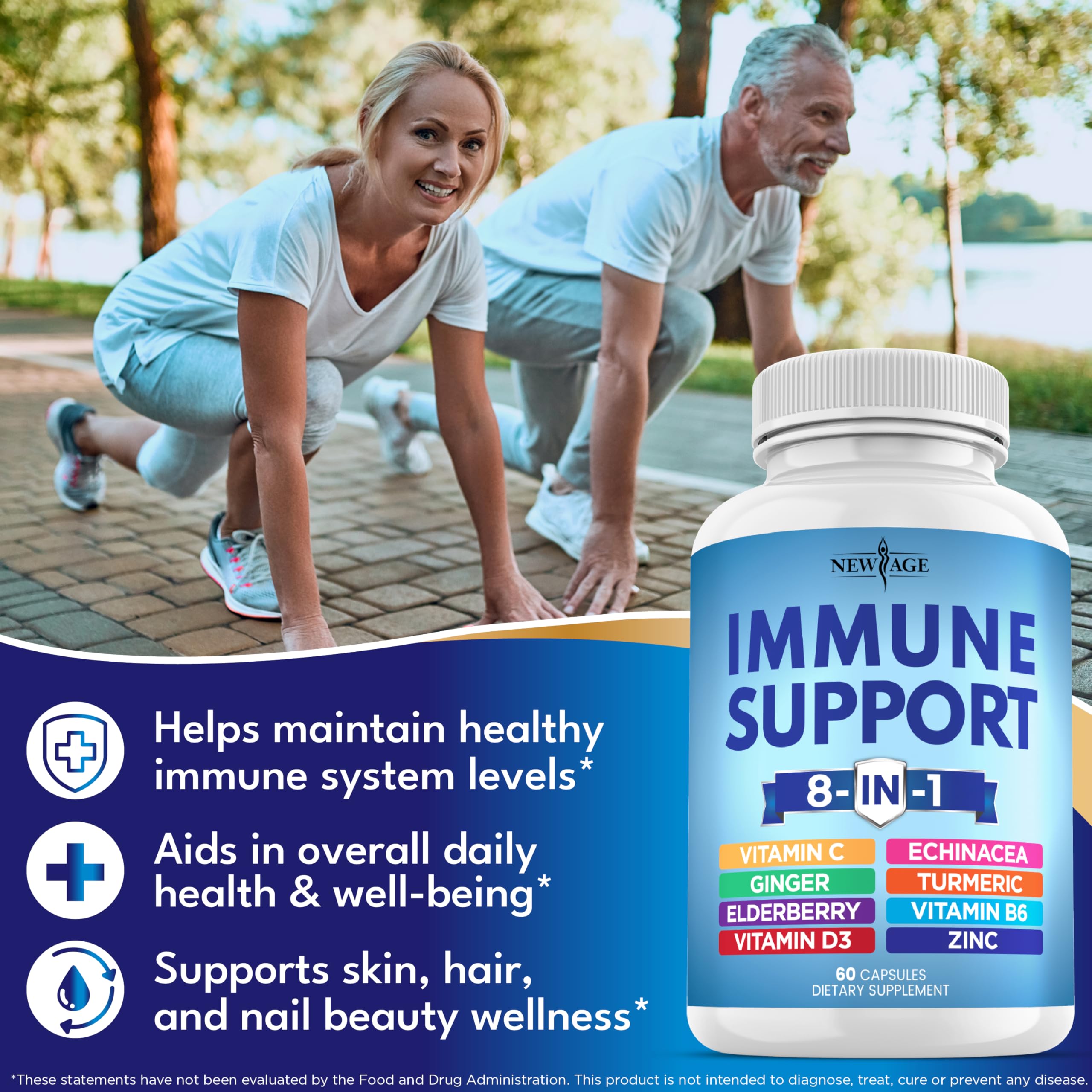 NEW AGE 8 in 1 Immune Support Booster – Vitamin D 5000 IU, Vitamin C 1000 mg, Zinc 50 mg, Elderberry & Echinacea – 180 Capsules (Pack of 3)