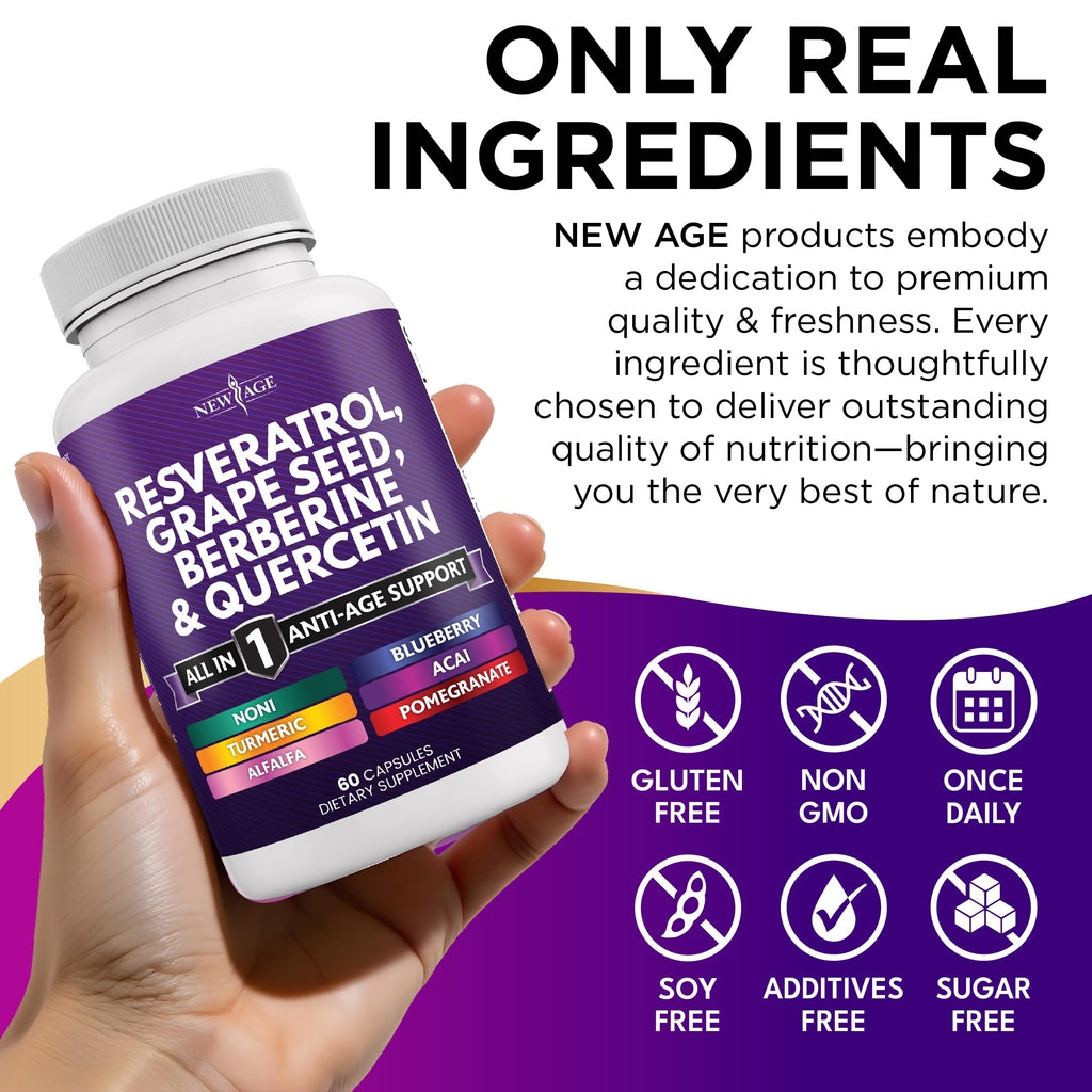 NEW AGE Resveratrol Berberine Grape Seed Polyphenol Supplement – 120 Capsules (Women & Men) with Noni, NAC & Acai