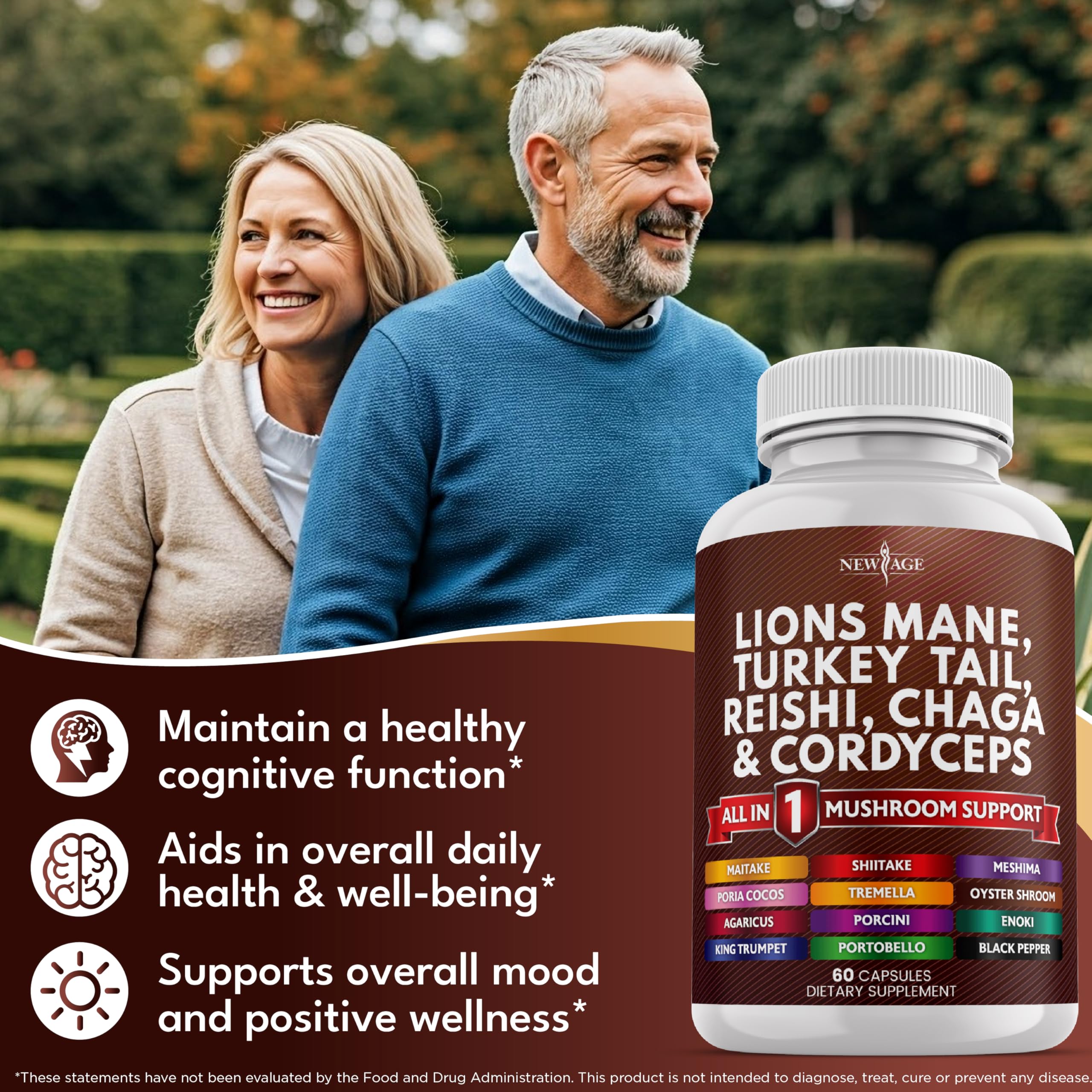 NEW AGE Lions Mane Mushroom Supplement with Turkey Tail, Reishi, Cordyceps, Chaga + Marshmallow Root – 120 Count