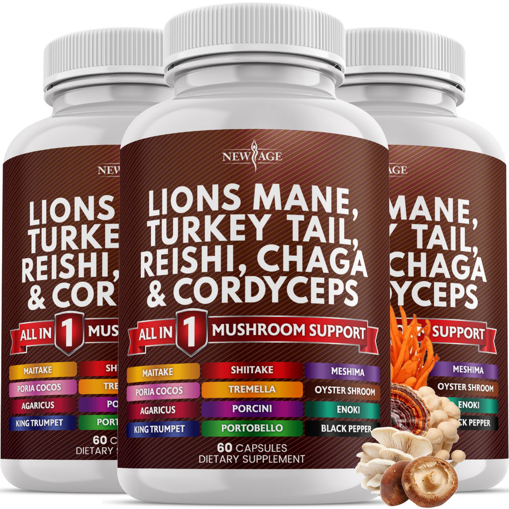 NEW AGE Lions Mane 20-in-1 Mushroom Supplement with Turkey Tail, Reishi, Chaga, Cordyceps, Marshmallow Root – 180 Count